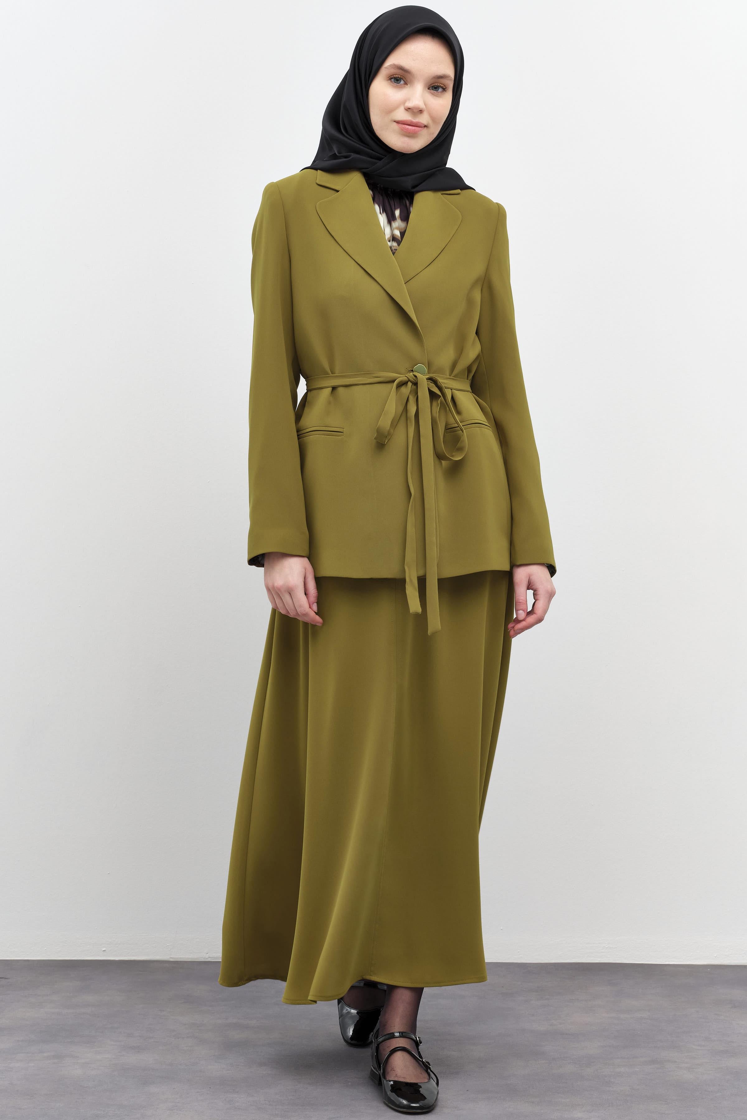 Gizli Pat Düğmeli Beli Kuşaklı Ceket - Olive TUGBA