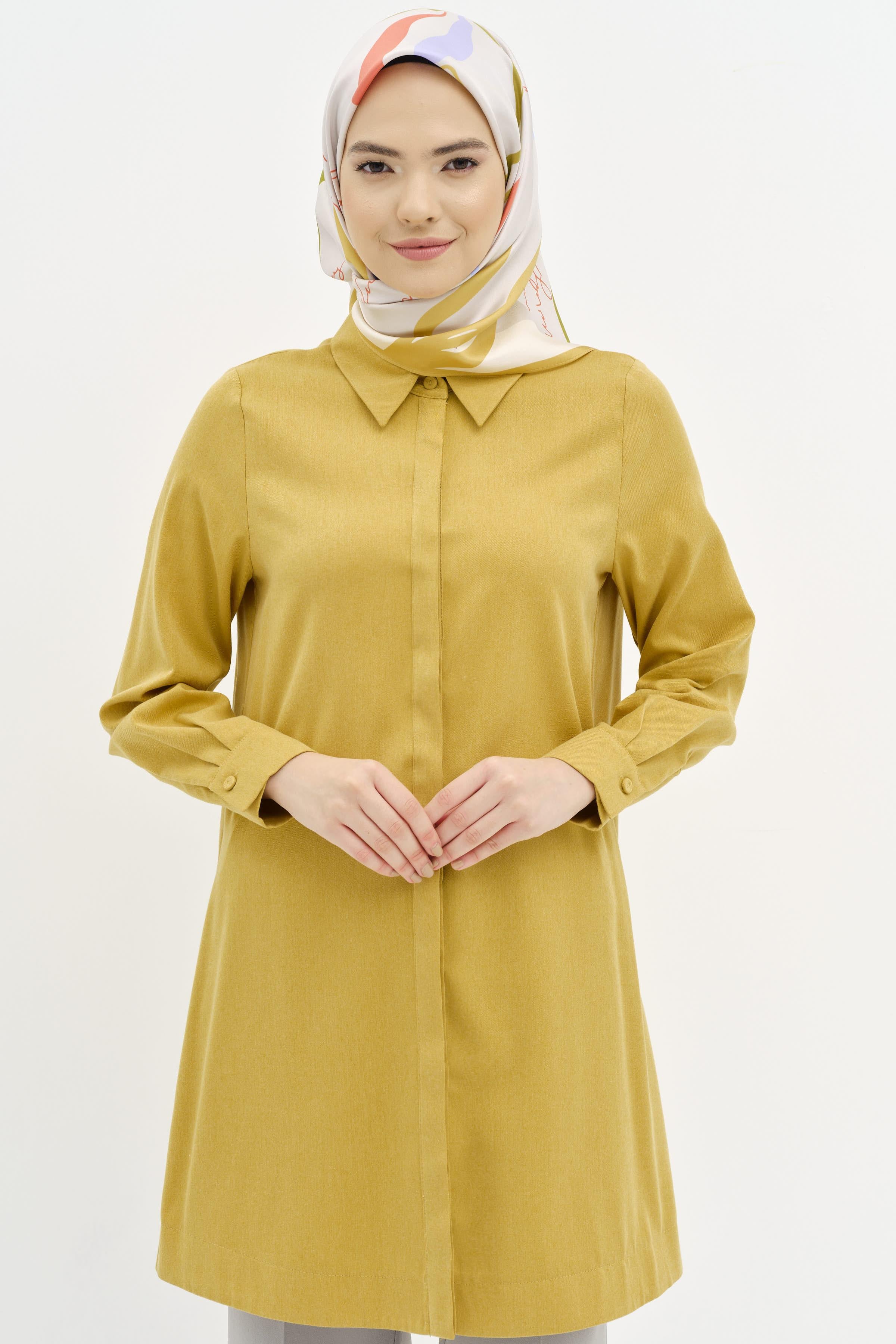 Gizli Pat Düğmeli Tunik - Hardal TUGBA