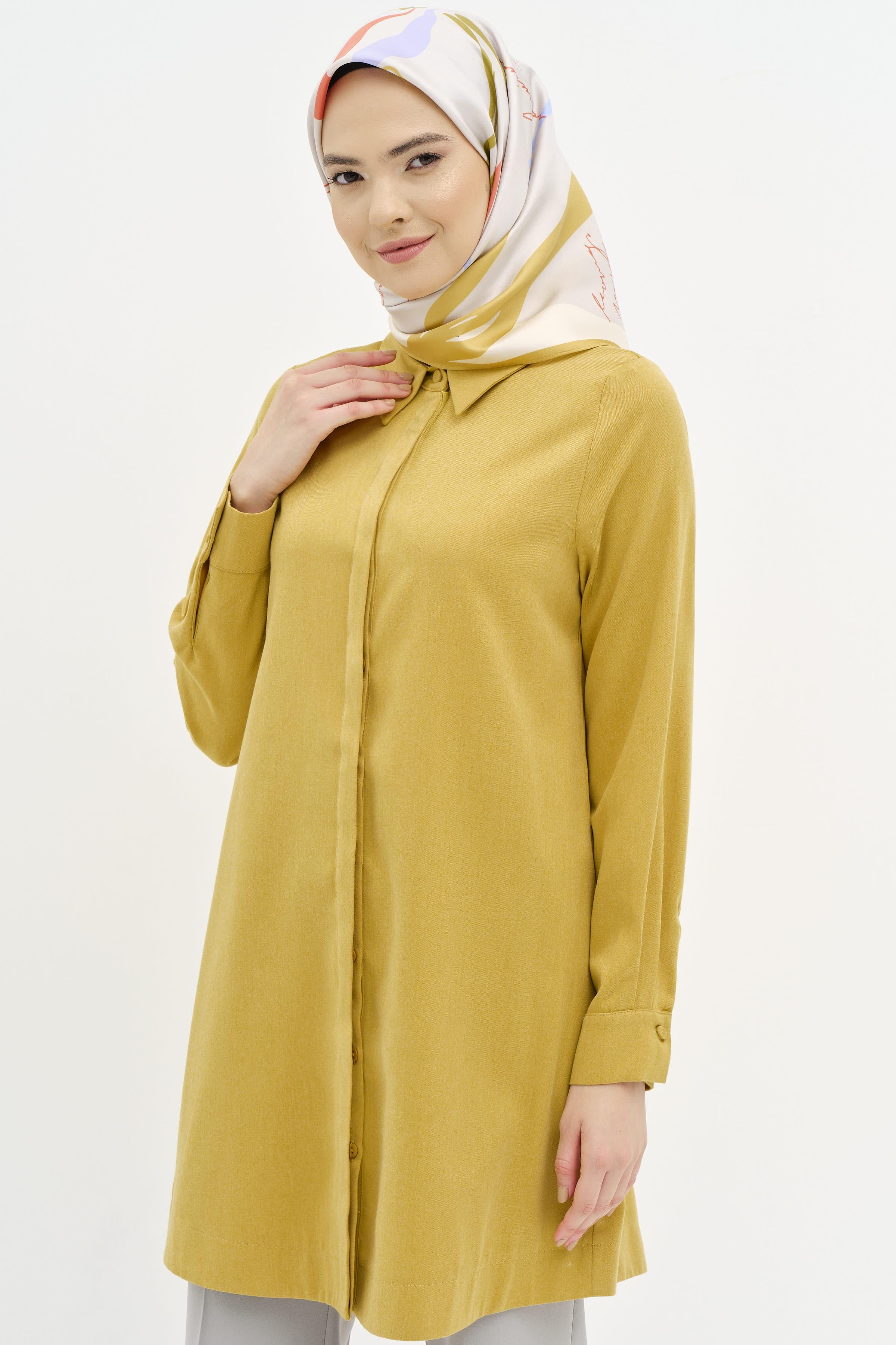 Gizli Pat Düğmeli Tunik - Hardal TUGBA