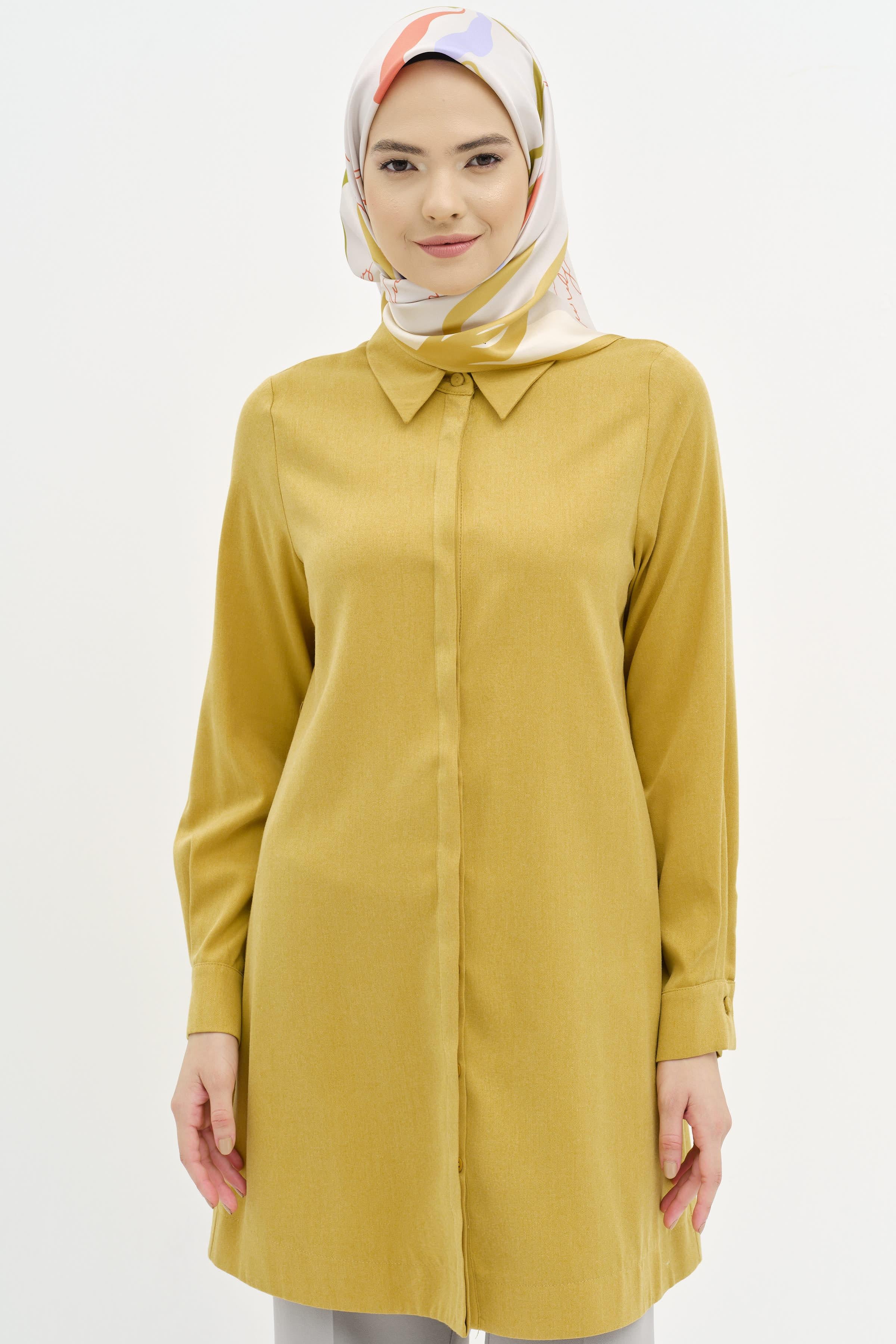 Gizli Pat Düğmeli Tunik - Hardal TUGBA