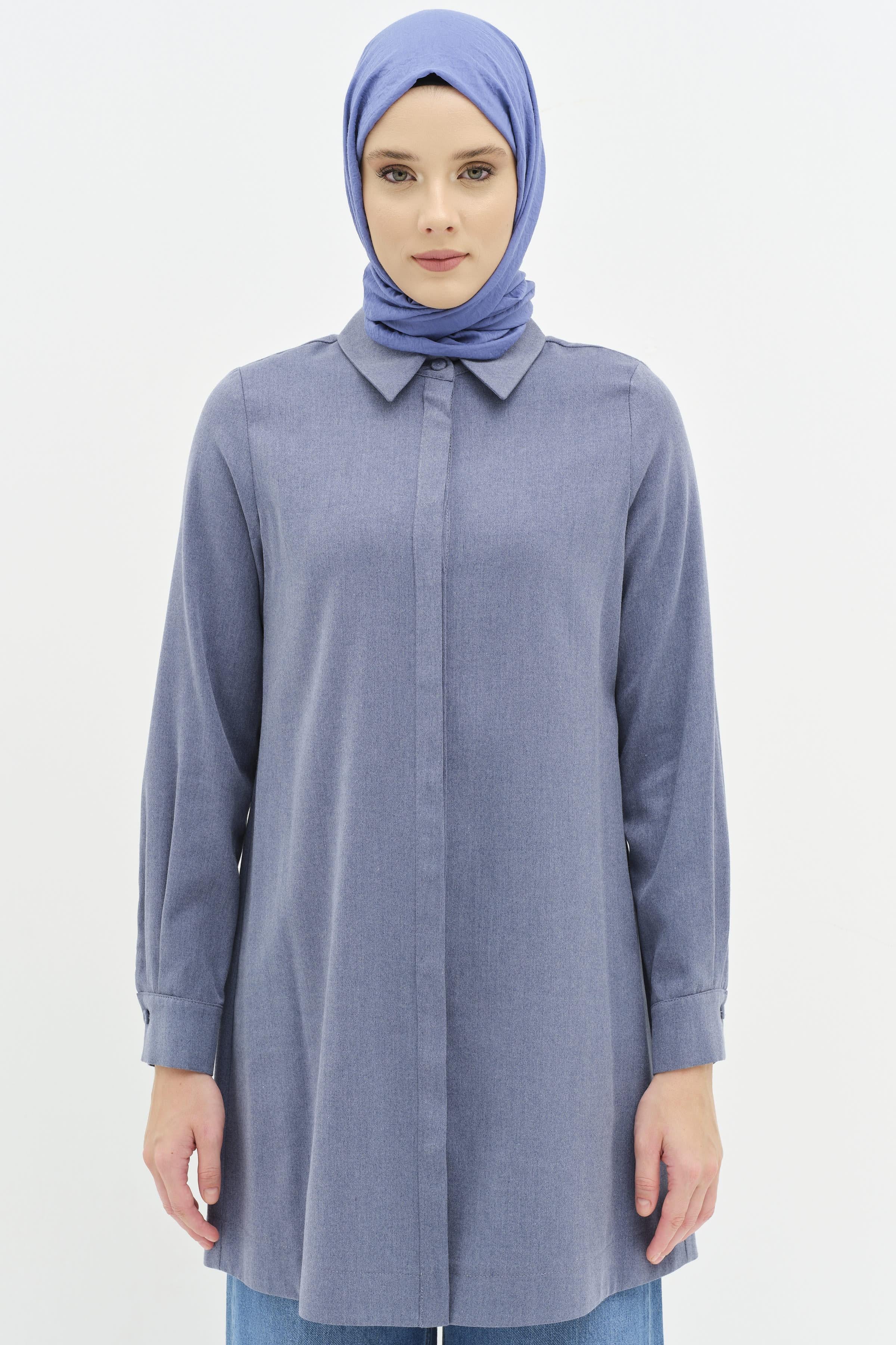 Gizli Pat Düğmeli Tunik - İndigo TUGBA