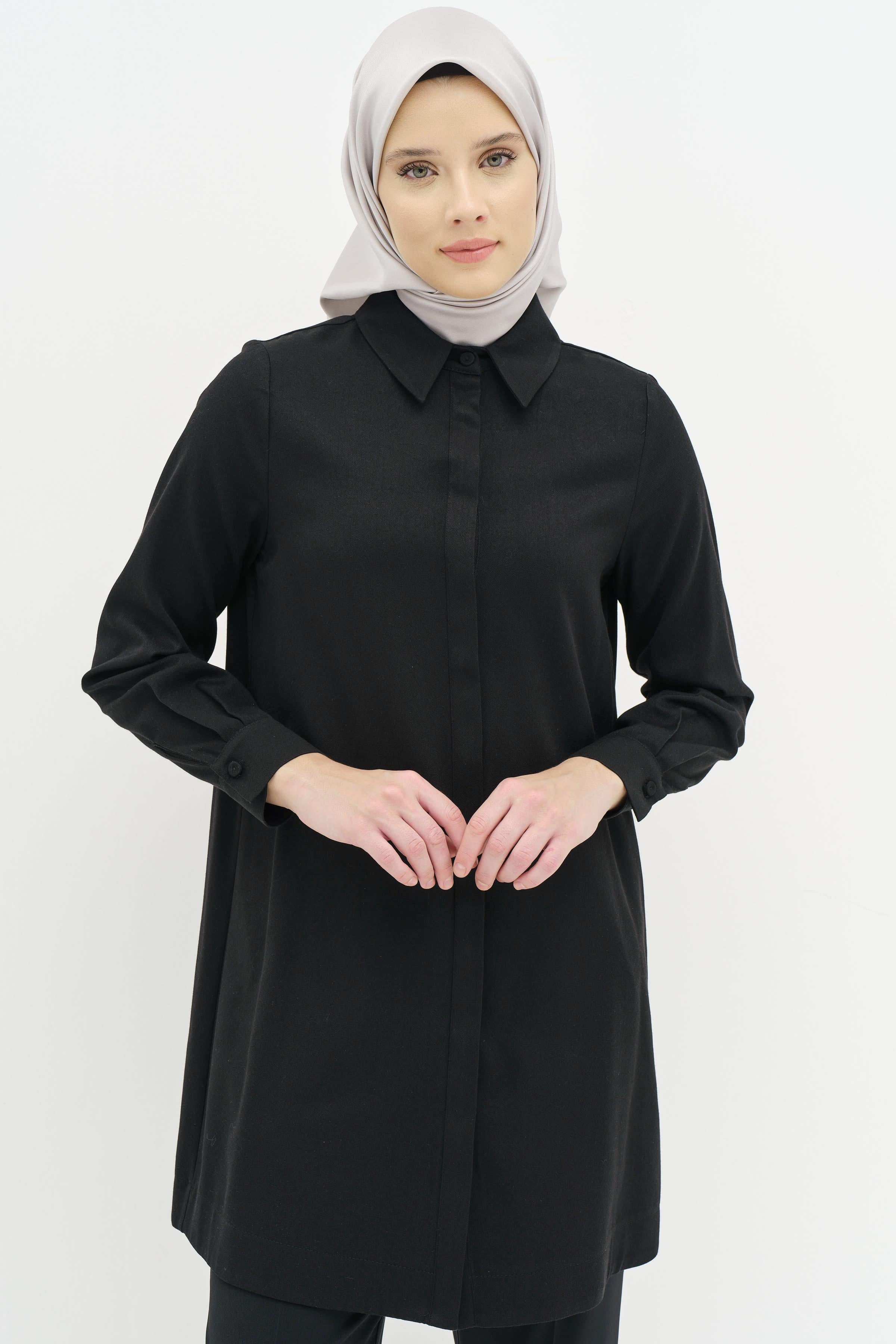 Gizli Pat Düğmeli Tunik - Siyah TUGBA