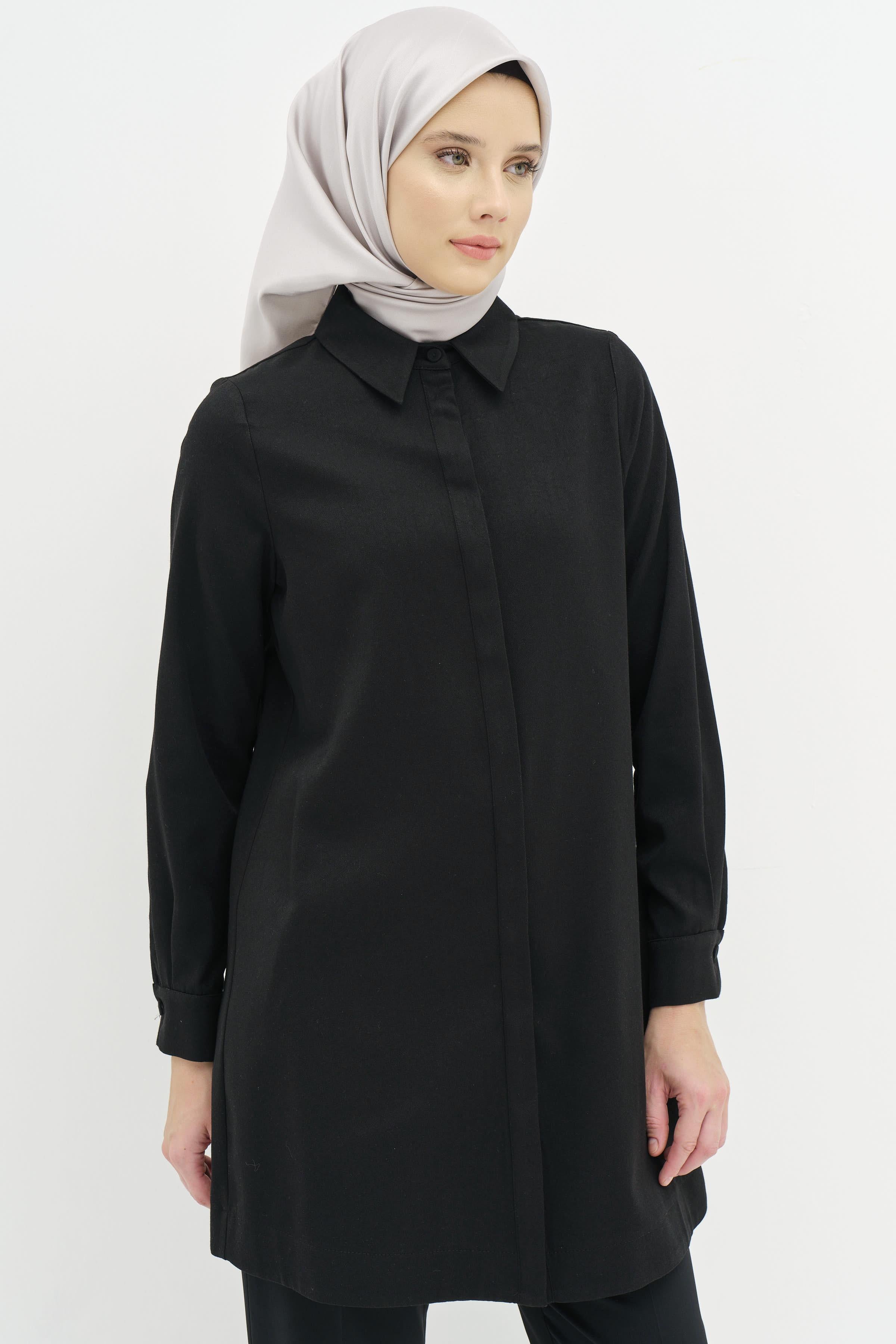 Gizli Pat Düğmeli Tunik - Siyah TUGBA