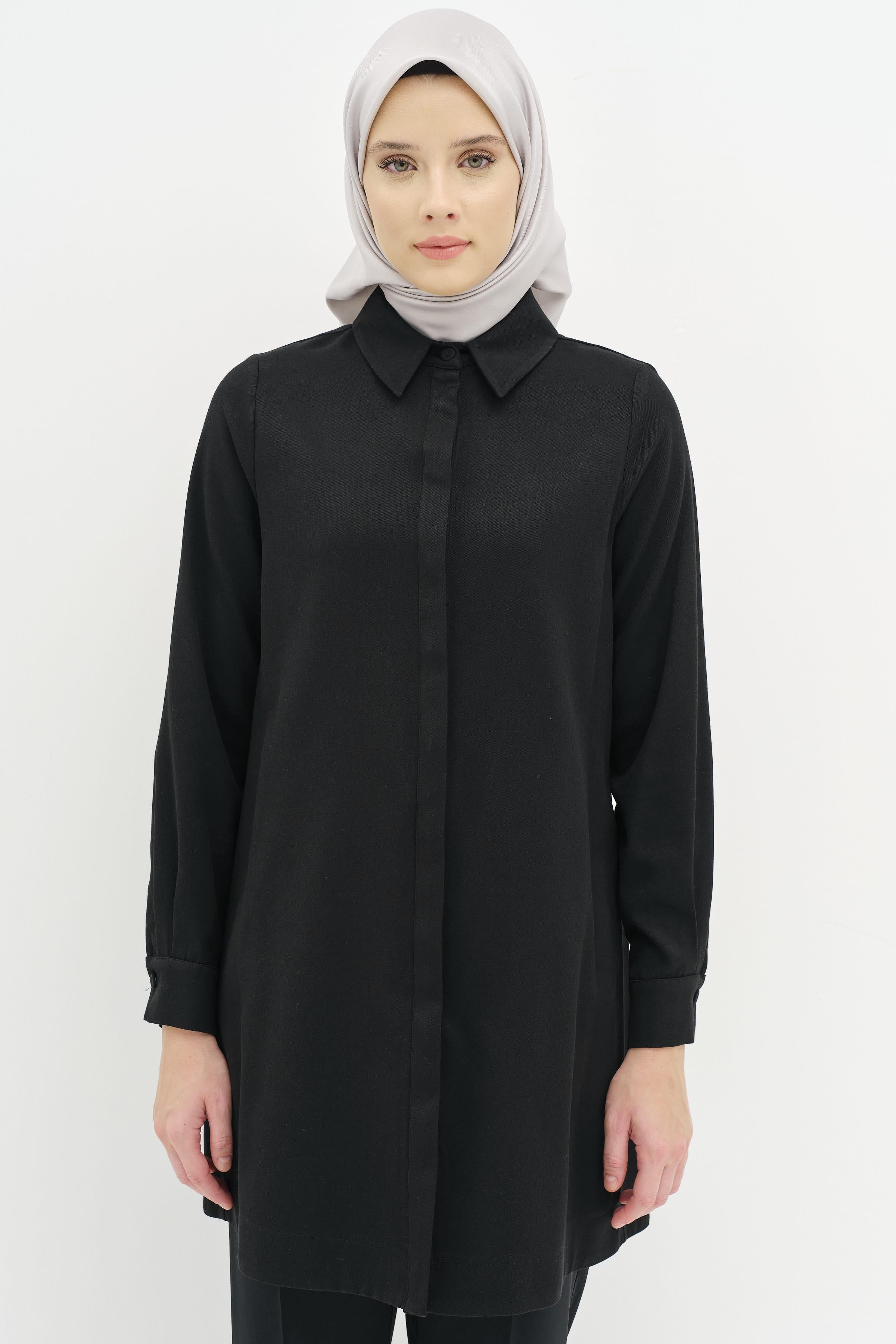 Gizli Pat Düğmeli Tunik - Siyah TUGBA