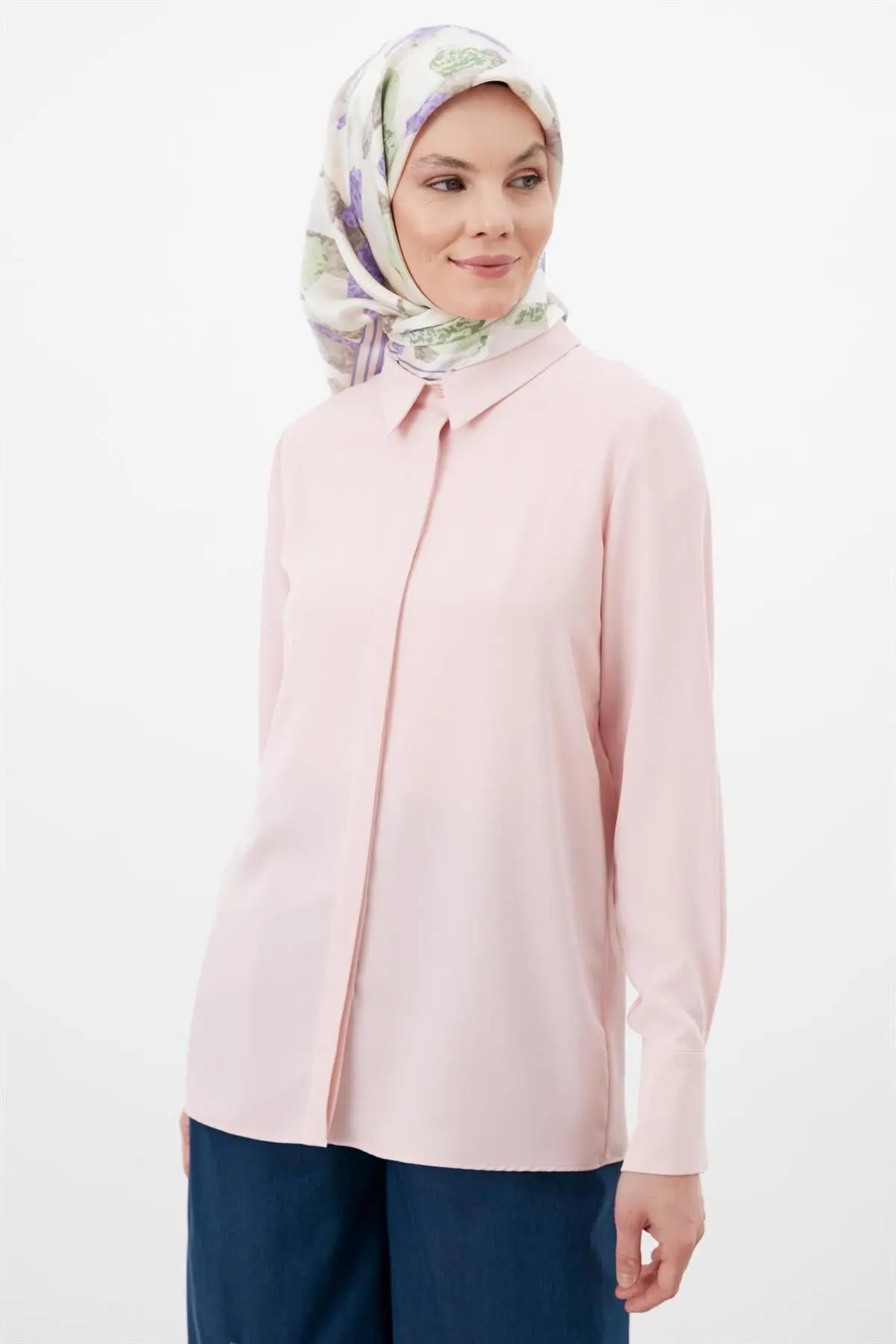 Gizli Patlı Basic Gömlek - Pudra TUGBA