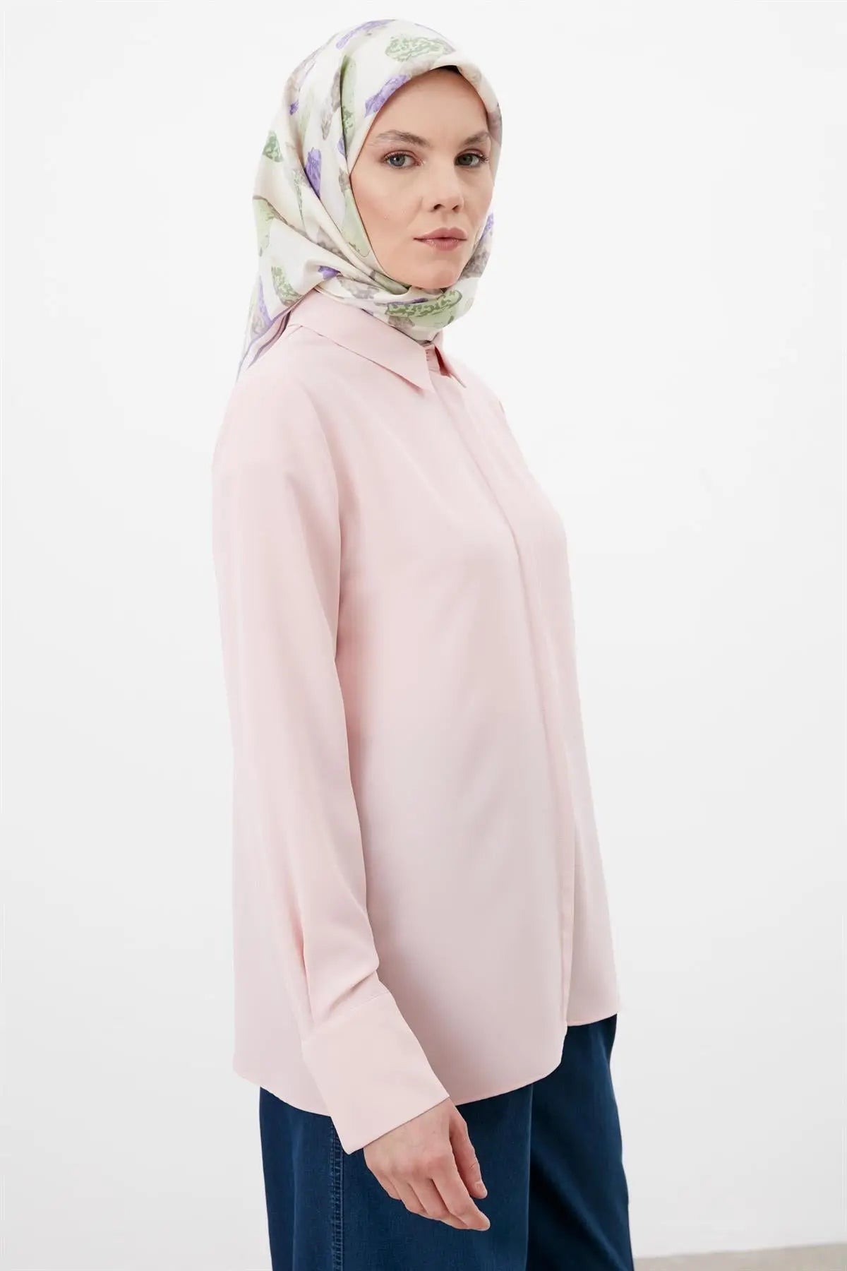 Gizli Patlı Basic Gömlek - Pudra TUGBA