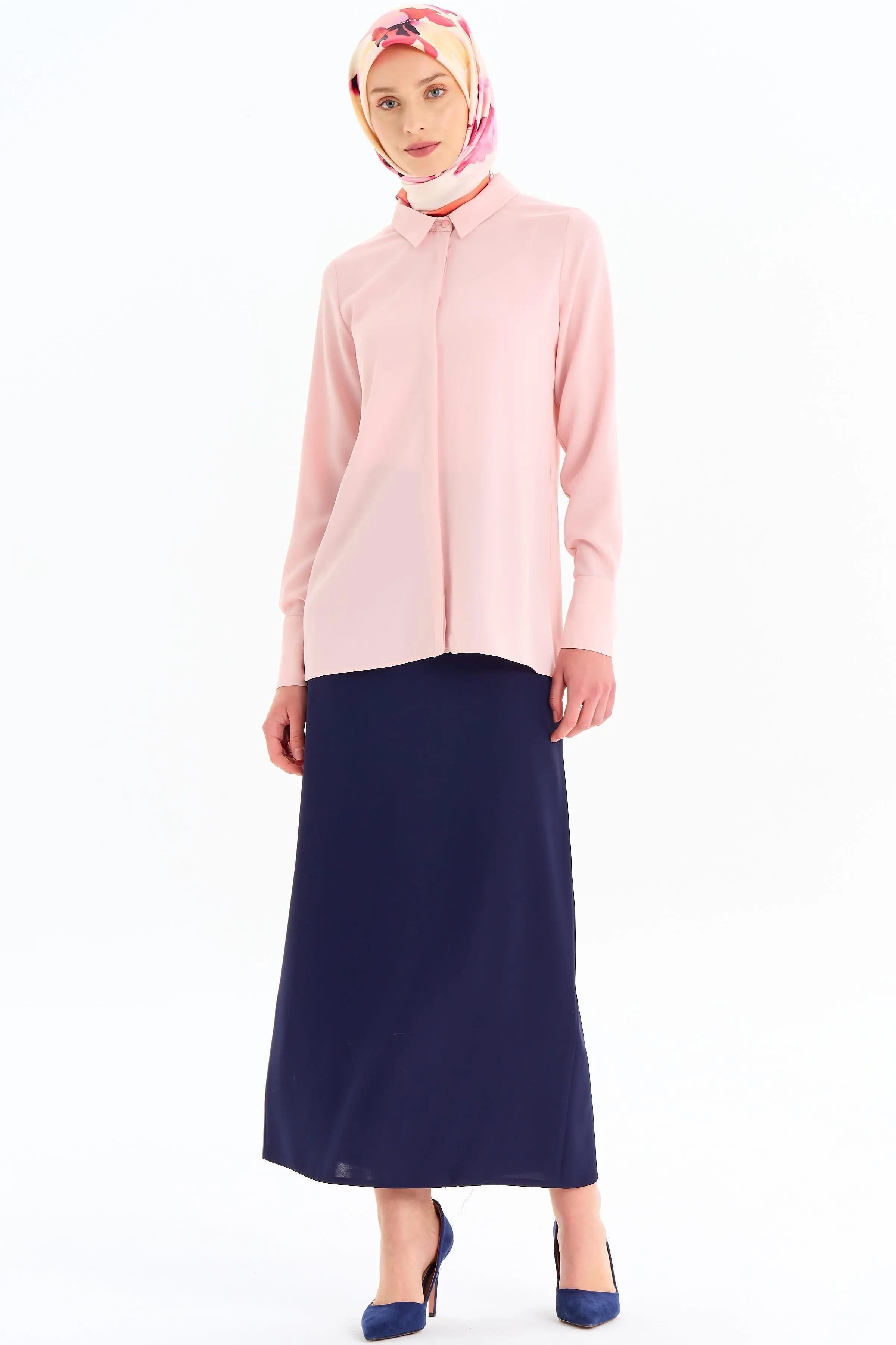 Gizli Patlı Basic Gömlek - Pudra TUGBA