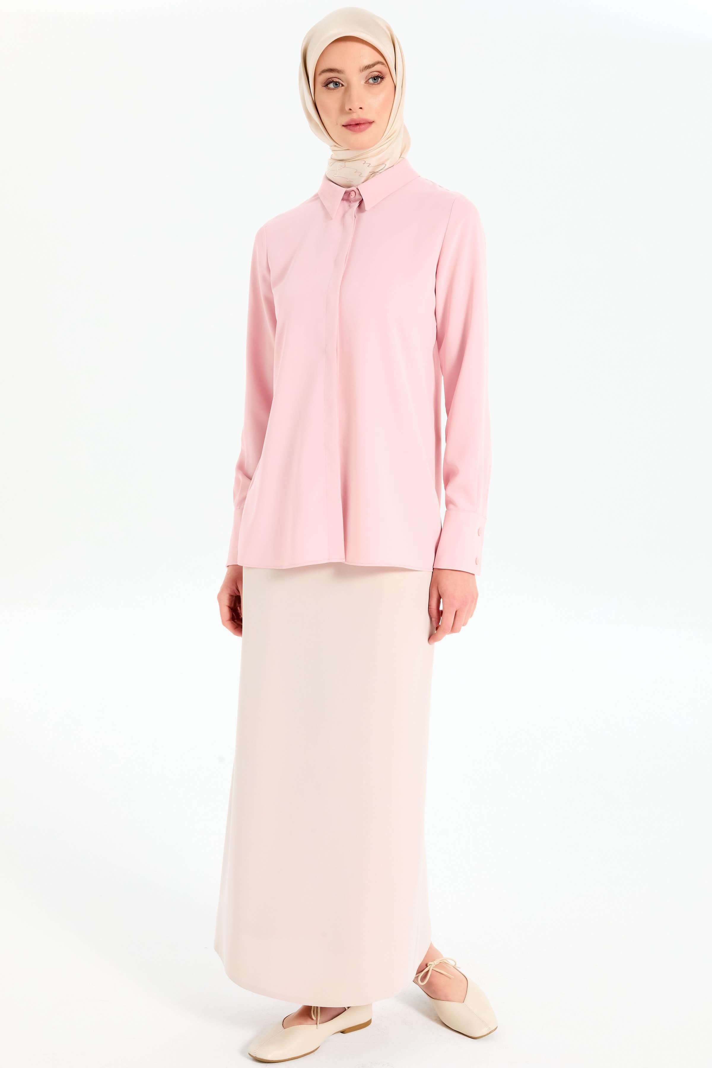 Gizli Patlı Basic Gömlek - Pudra TUGBA