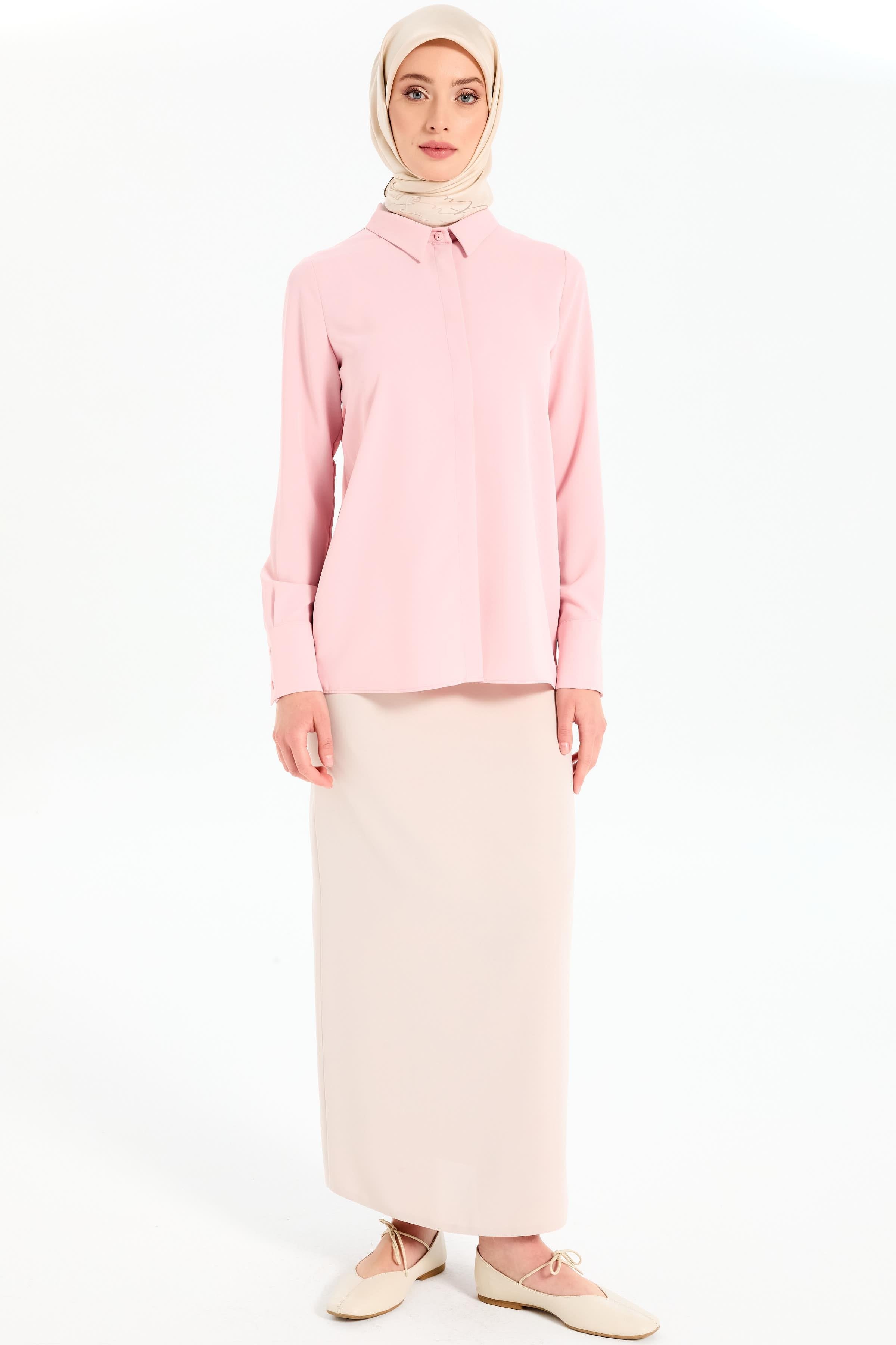 Gizli Patlı Basic Gömlek - Pudra TUGBA