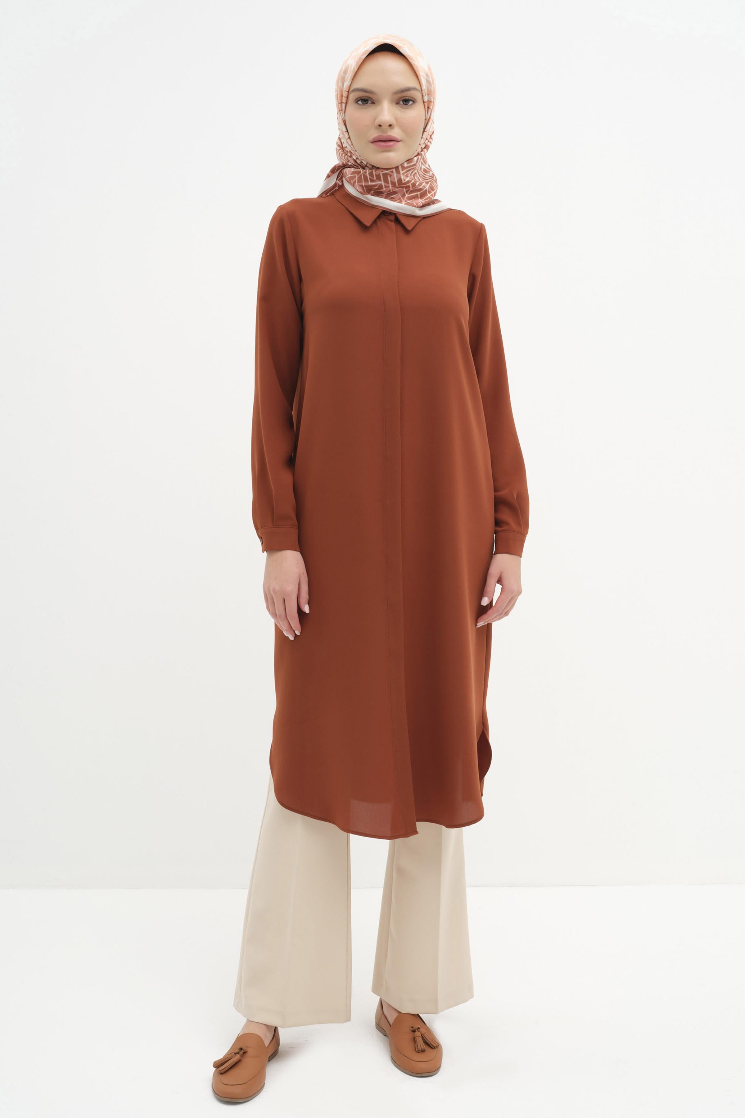 Gizli Patlı Basic Tunik - Kahve TUGBA
