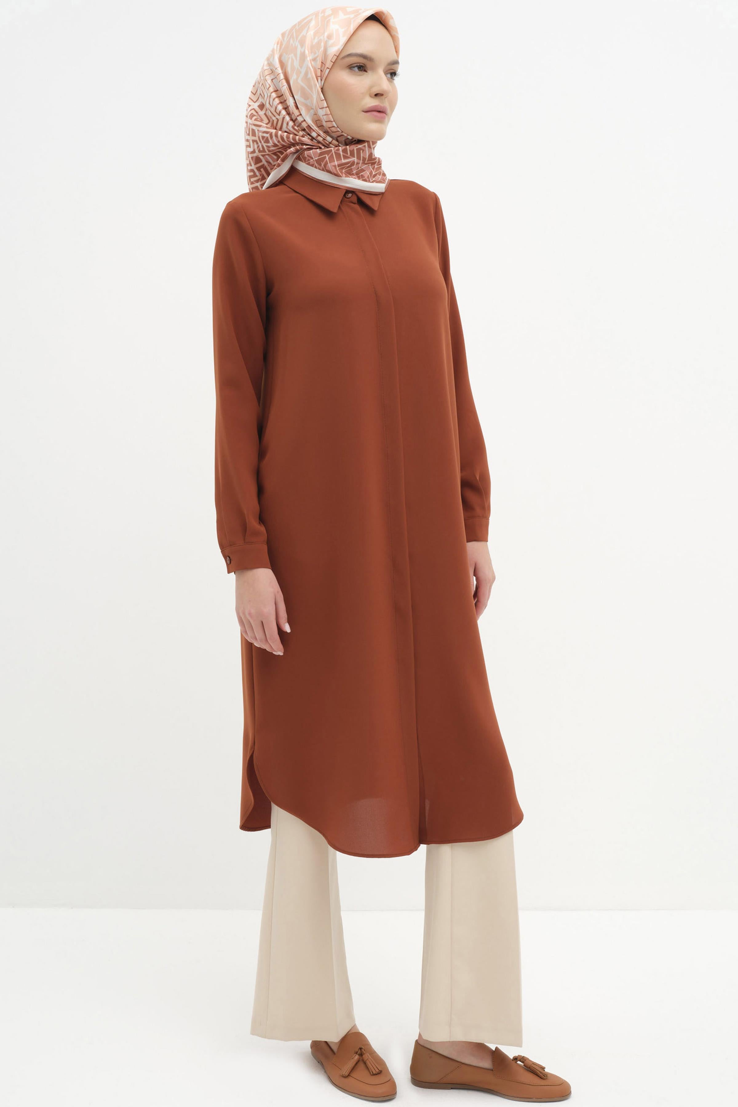 Gizli Patlı Basic Tunik - Kahve TUGBA