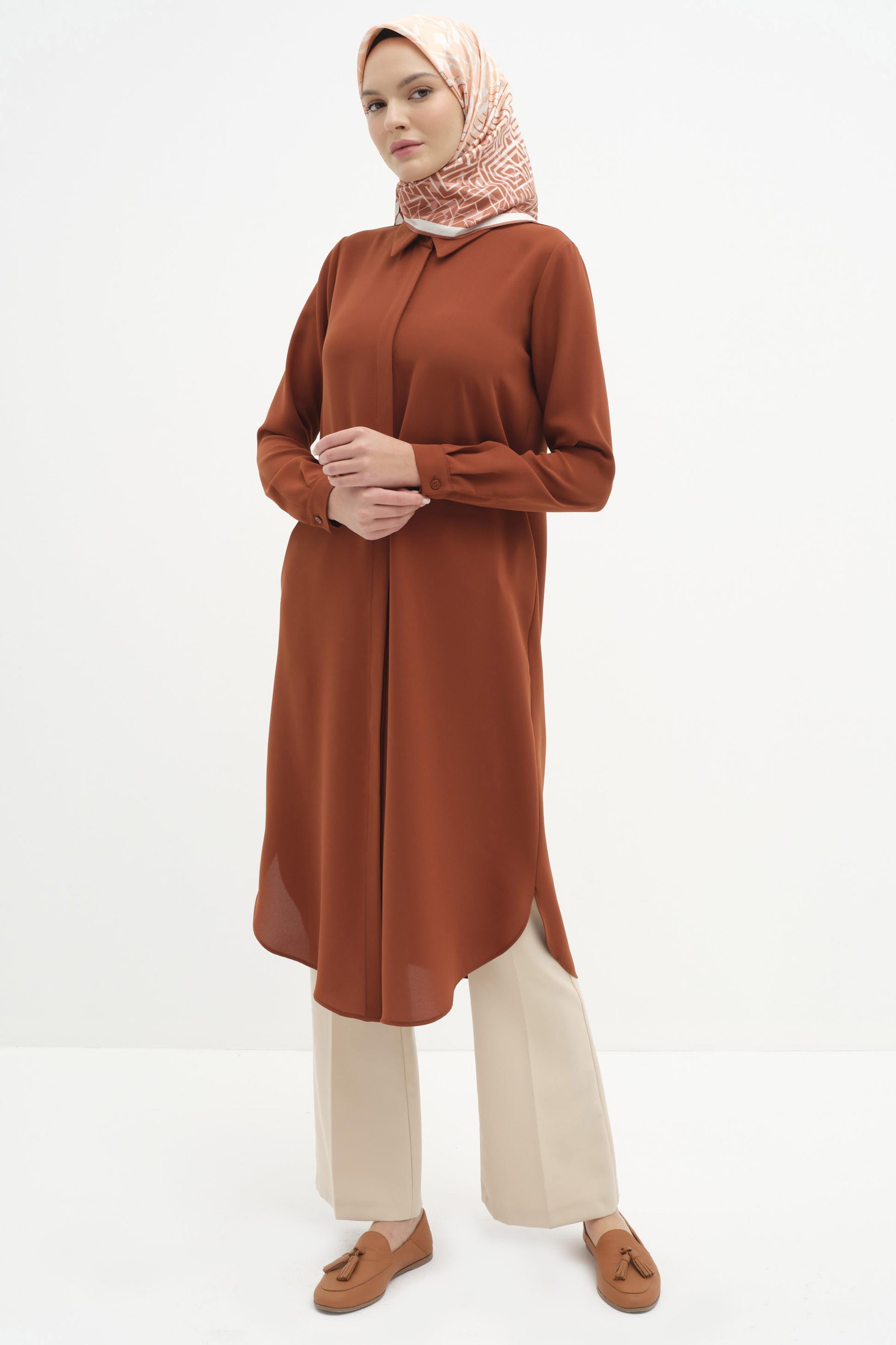 Gizli Patlı Basic Tunik - Kahve TUGBA