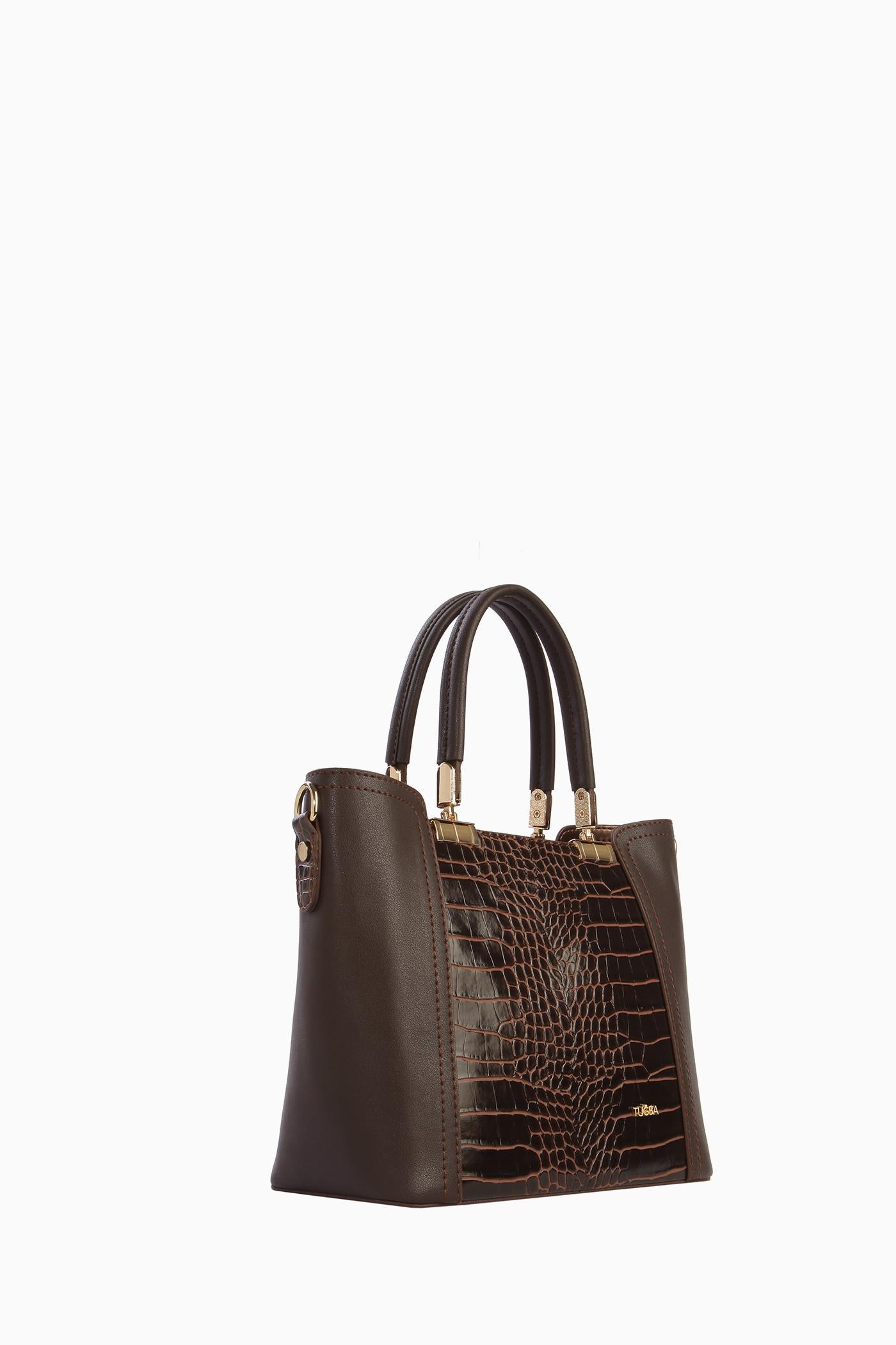 Gold Detaylı Krokodil Çanta - Kahve TUGBA