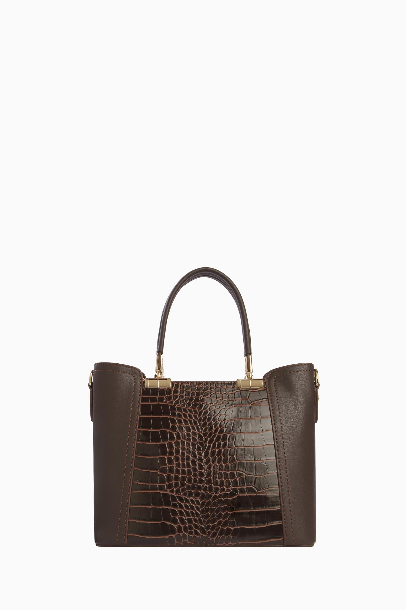 Gold Detaylı Krokodil Çanta - Kahve TUGBA