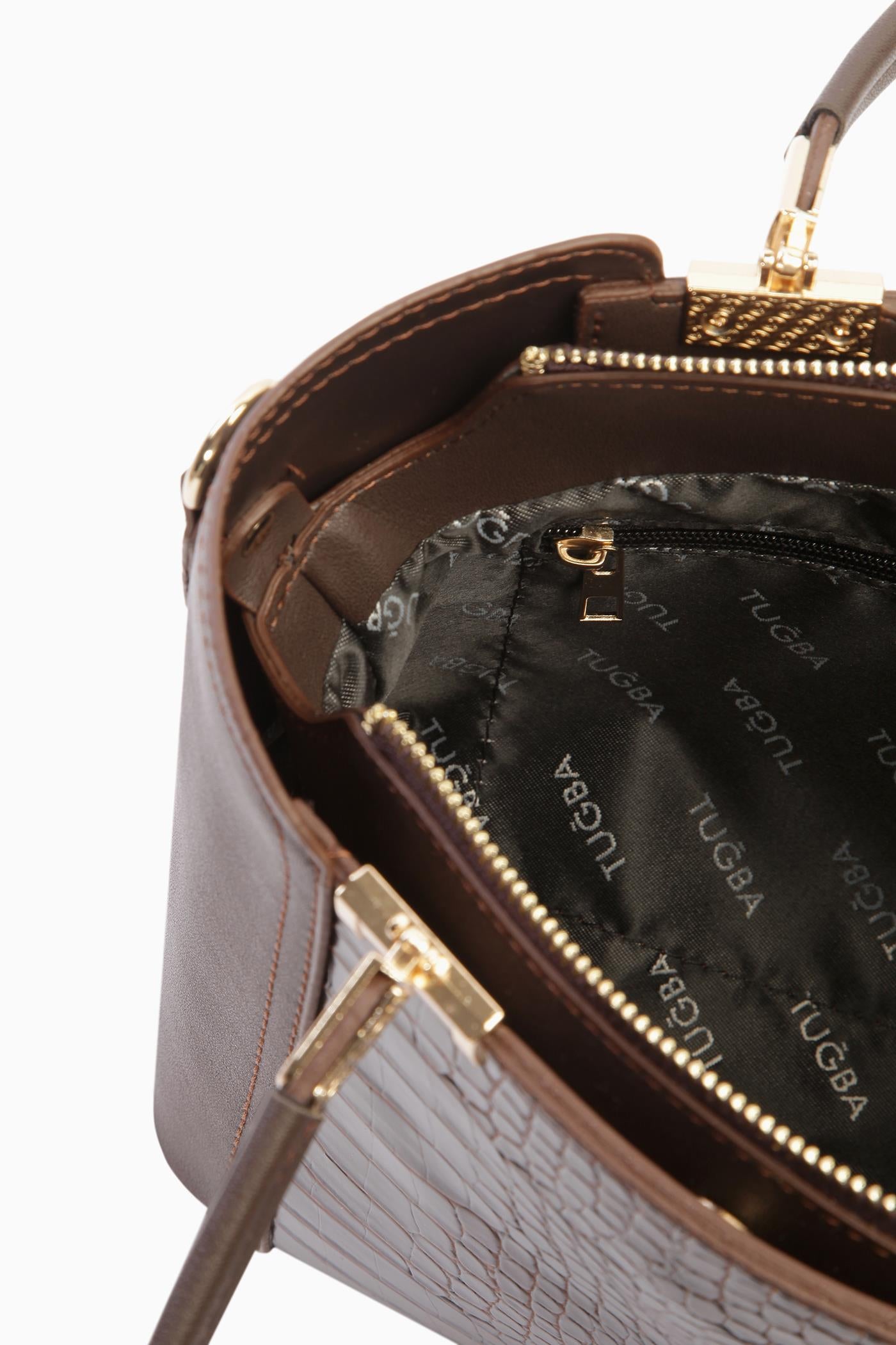 Gold Detaylı Krokodil Çanta - Kahve TUGBA