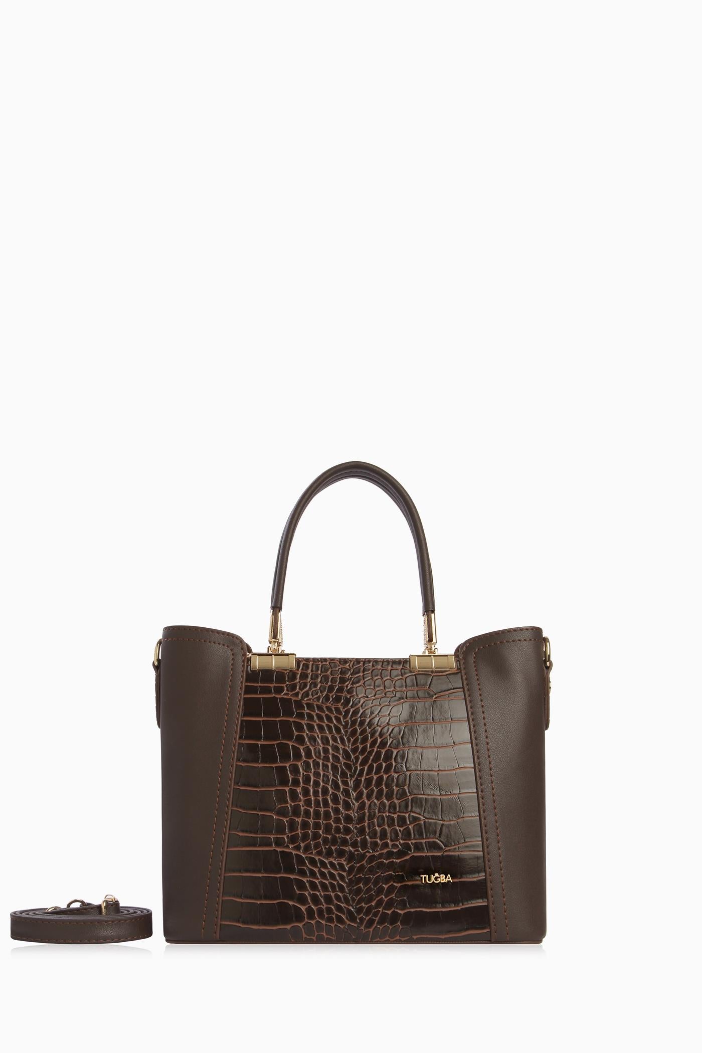 Gold Detaylı Krokodil Çanta - Kahve TUGBA