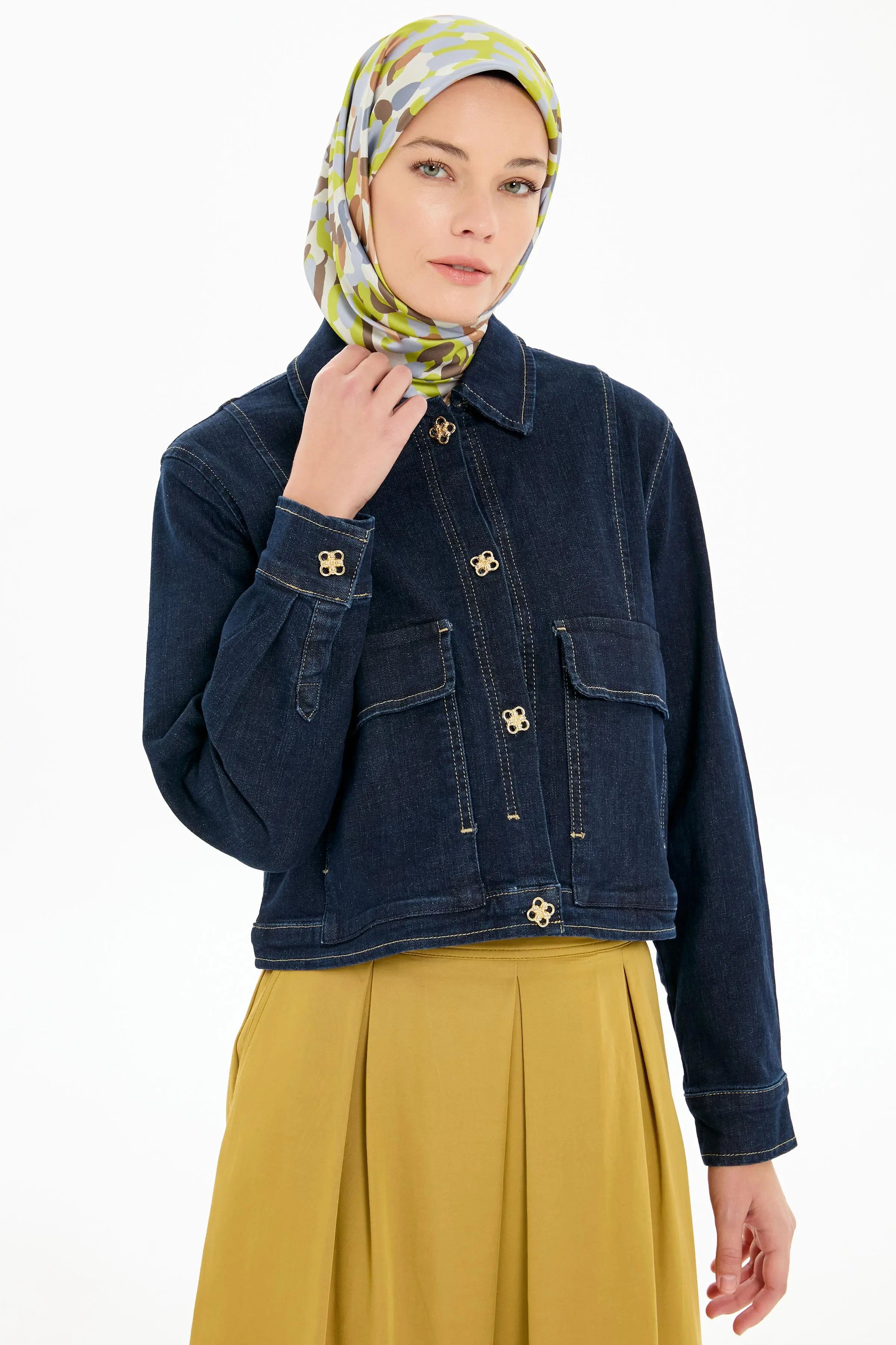 Gold Düğmeli Crop Kot Ceket - Lacivert TUGBA