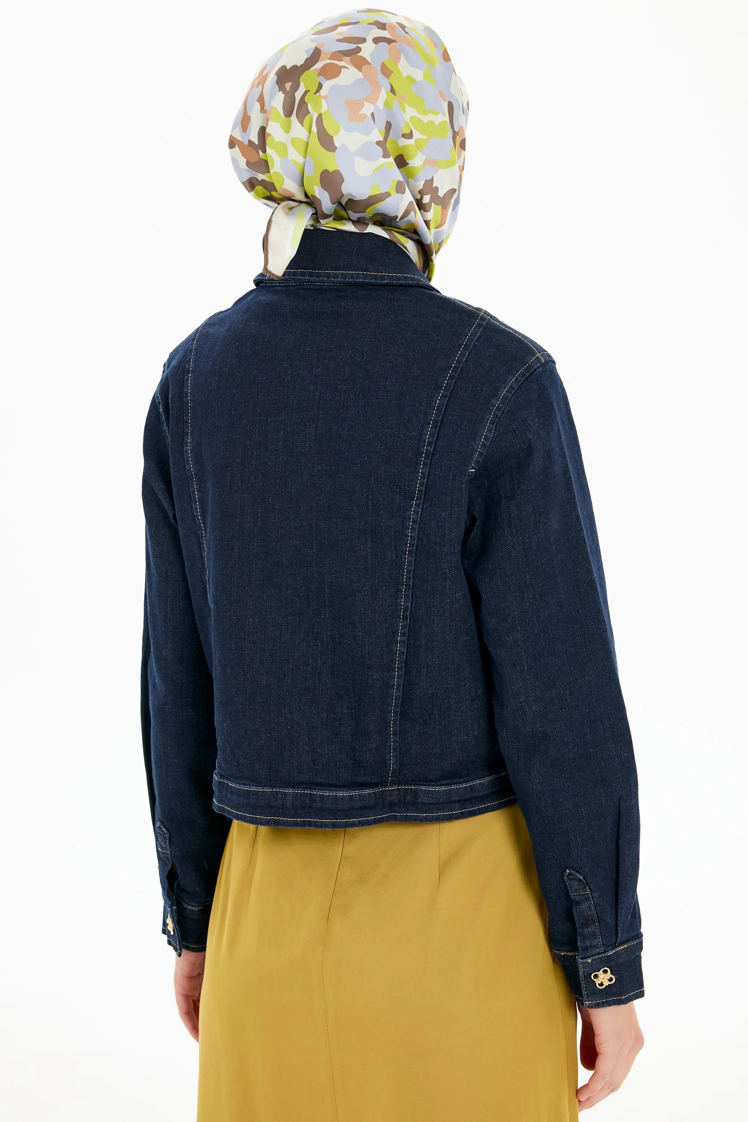 Gold Düğmeli Crop Kot Ceket - Lacivert TUGBA