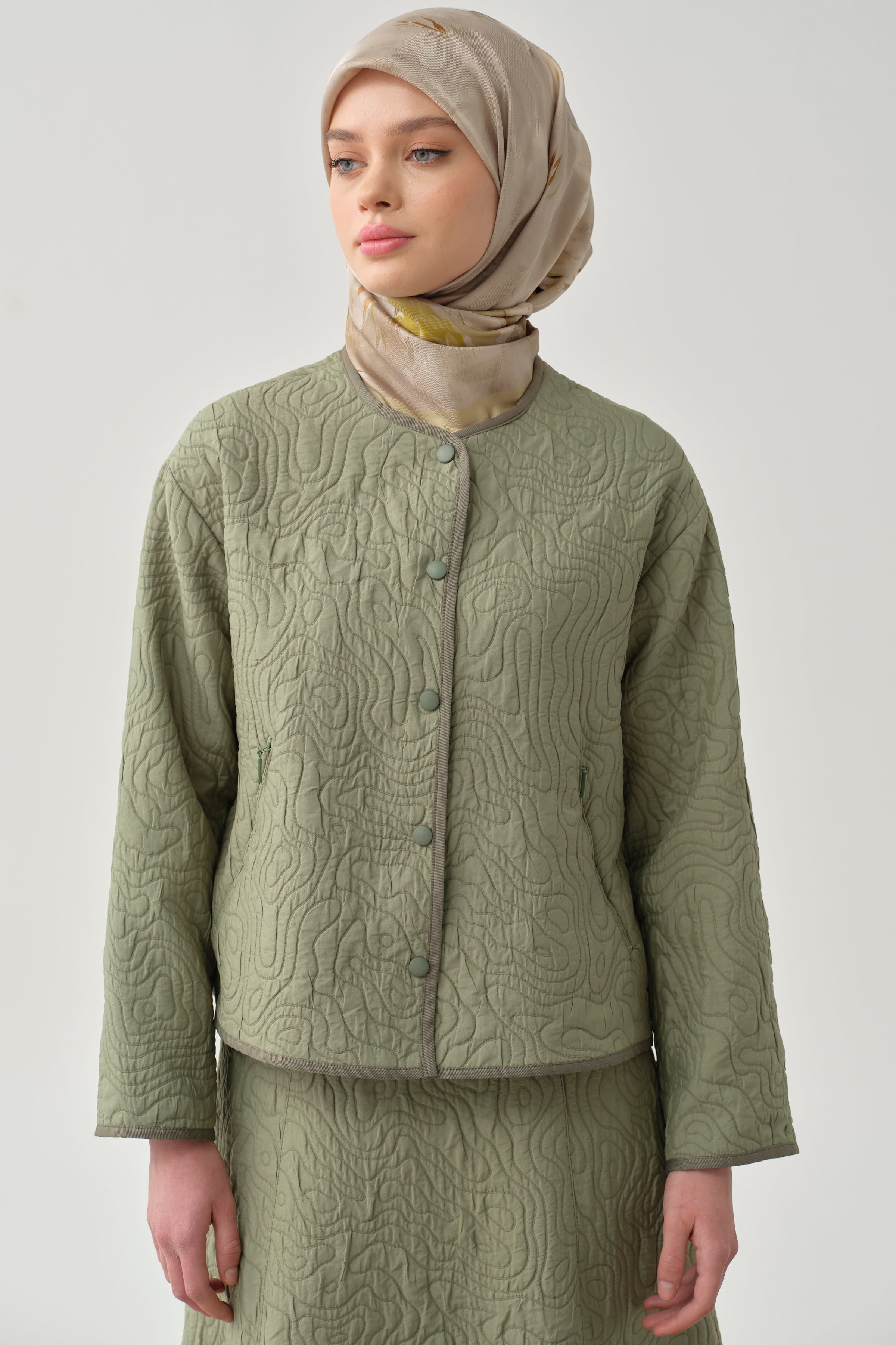 Grogren Biyeli Kapitone Crop Ceket - Mint TUGBA