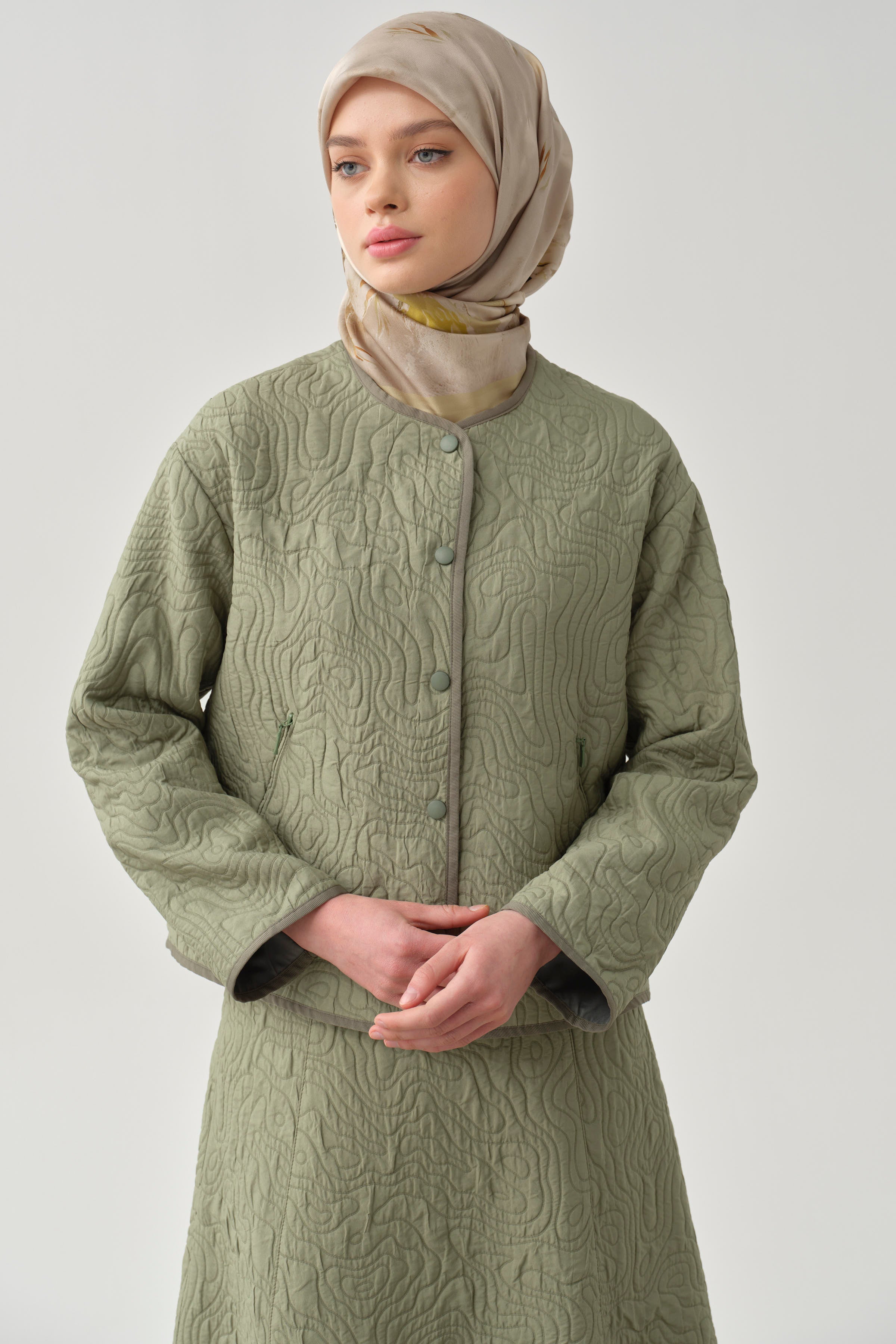 Grogren Biyeli Kapitone Crop Ceket - Mint TUGBA