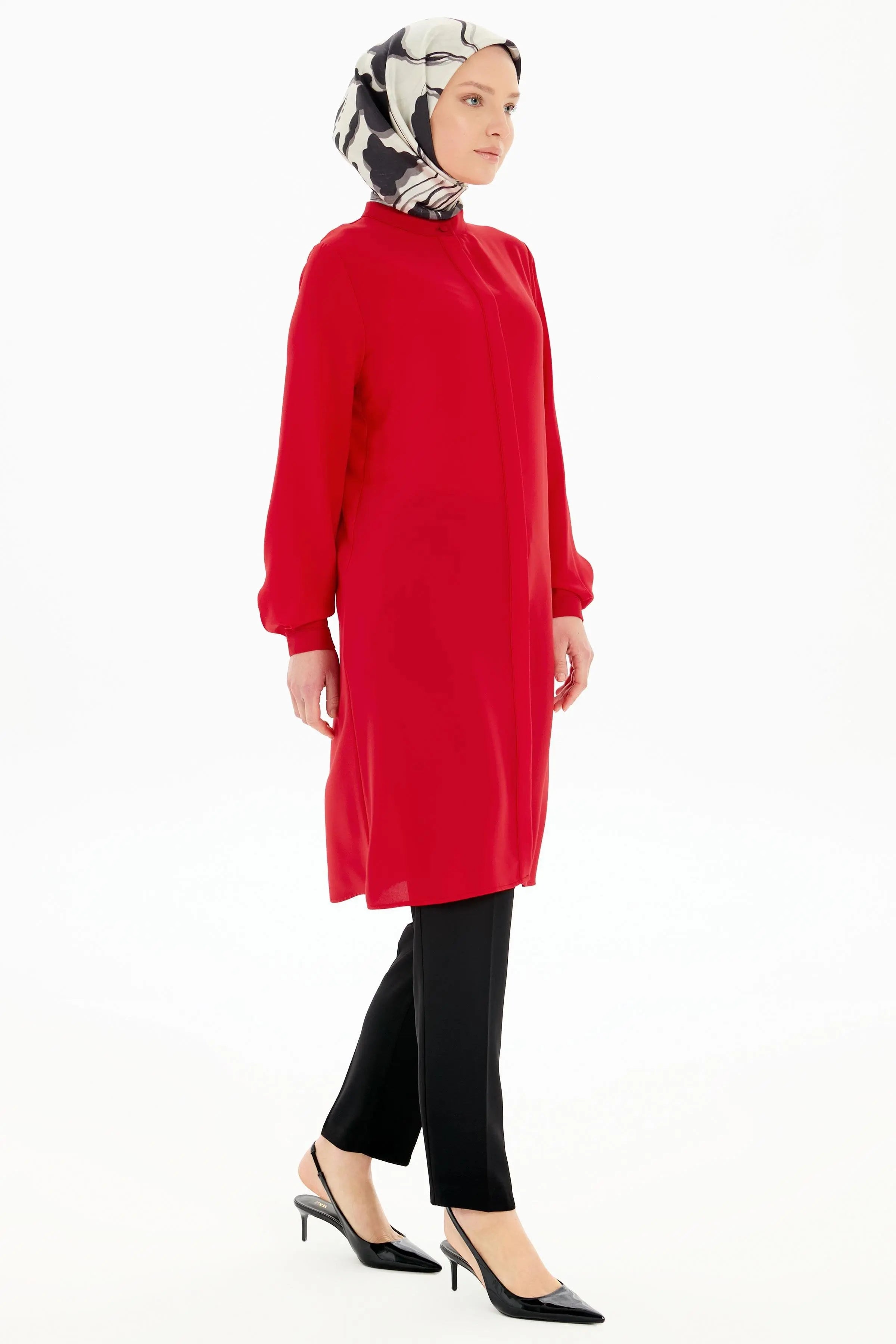 Hakim Yaka Gizli Patlı Tunik - Kırmızı TUGBA