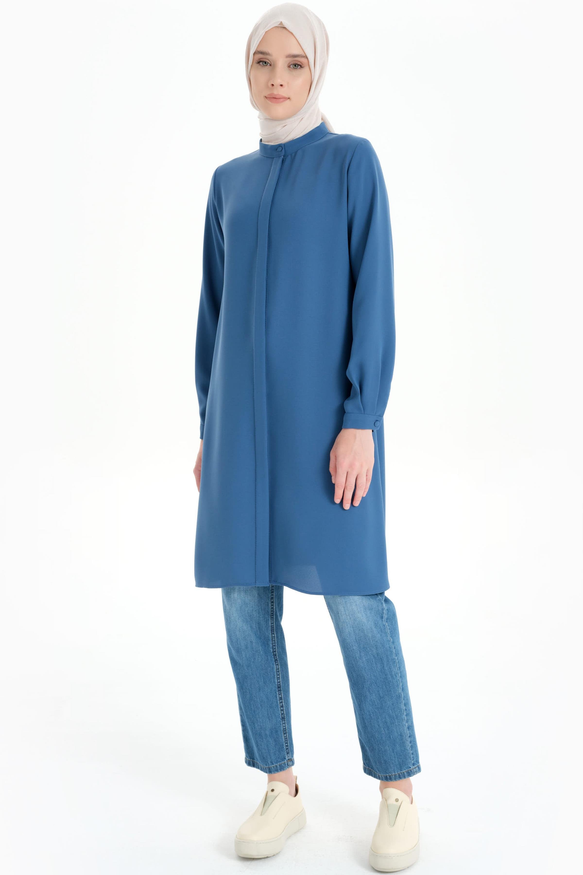 Hakim Yaka Gizli Patlı Tunik - Mavi TUGBA