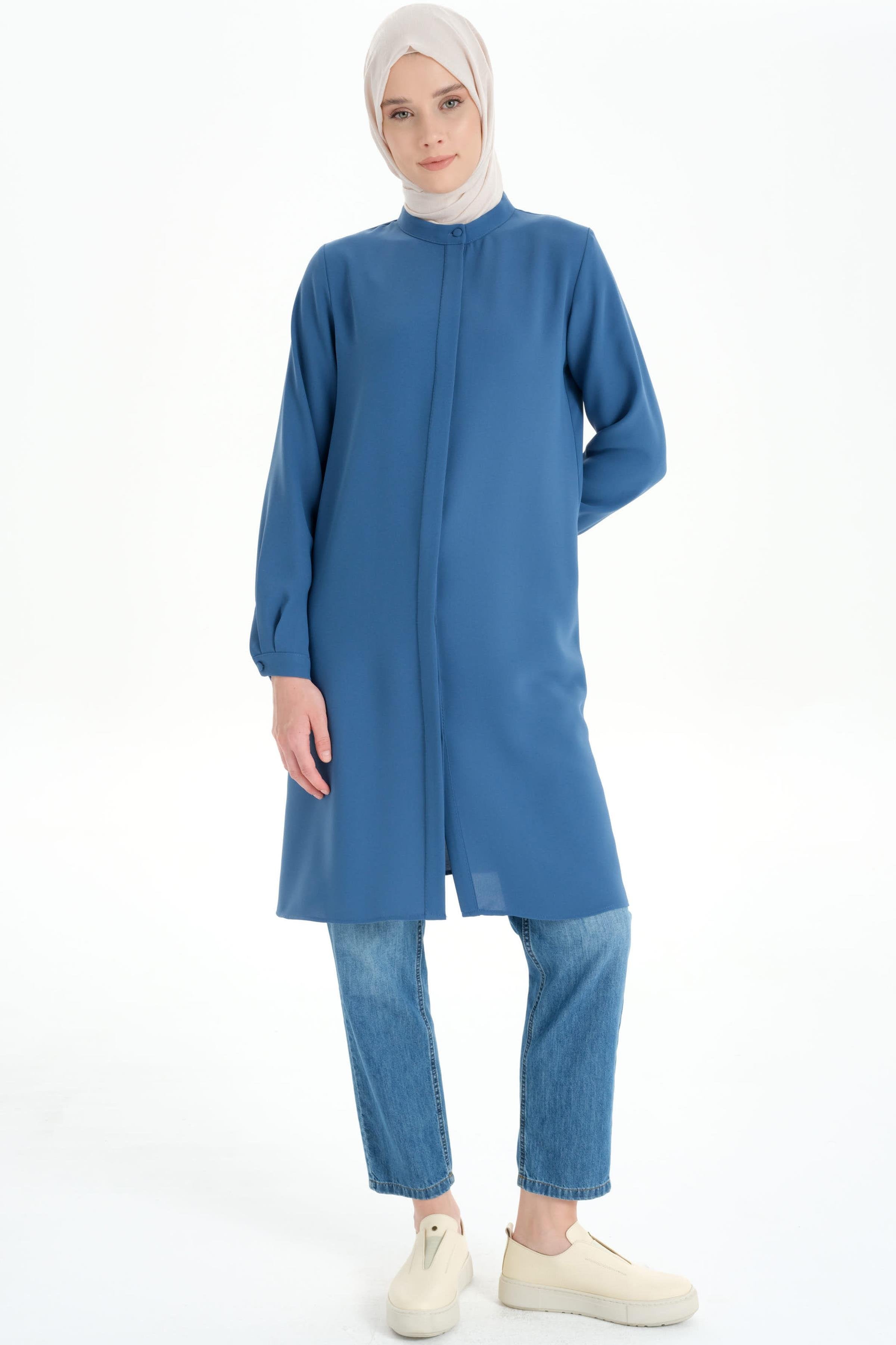 Hakim Yaka Gizli Patlı Tunik - Mavi TUGBA