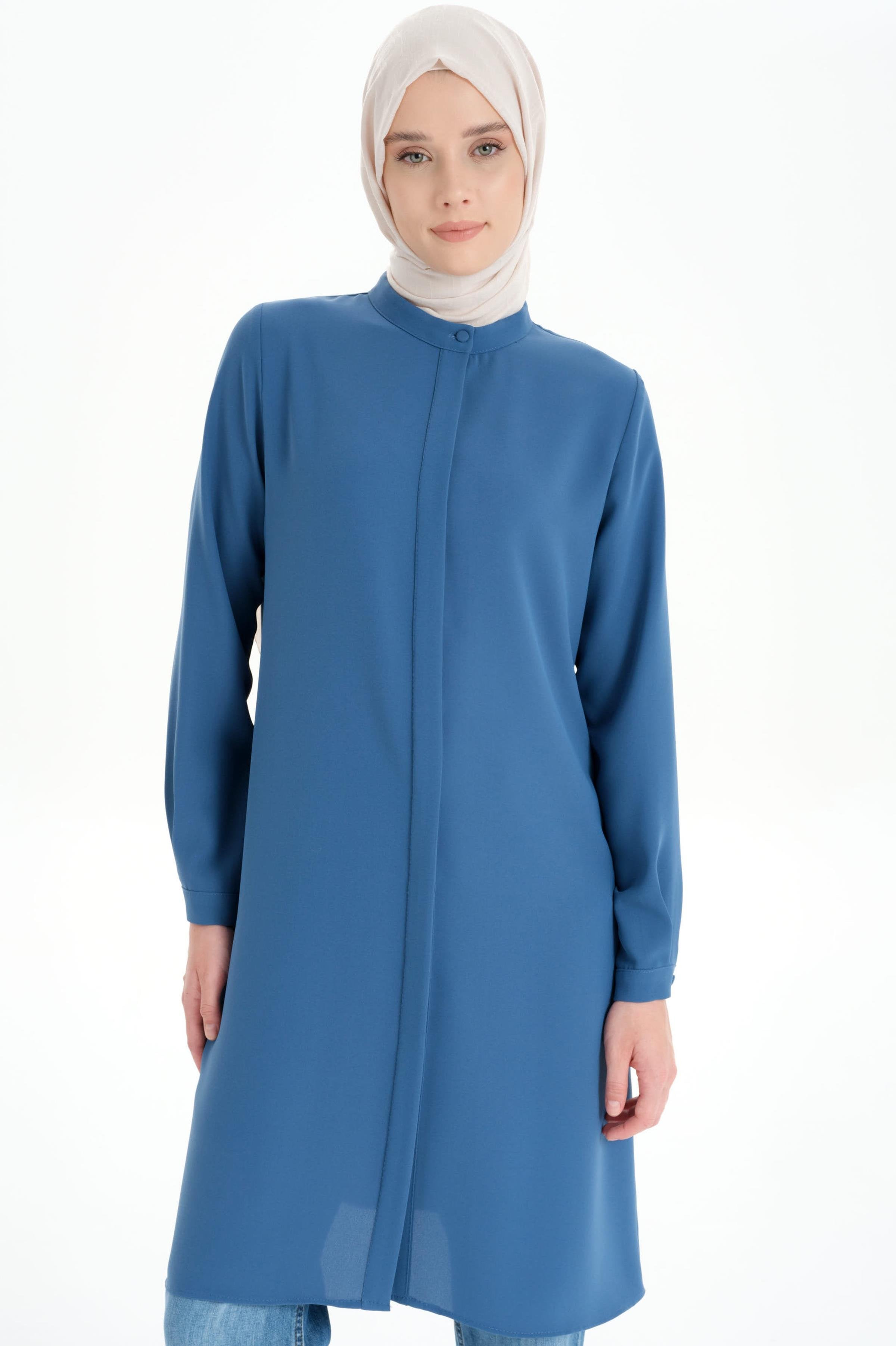 Hakim Yaka Gizli Patlı Tunik - Mavi TUGBA