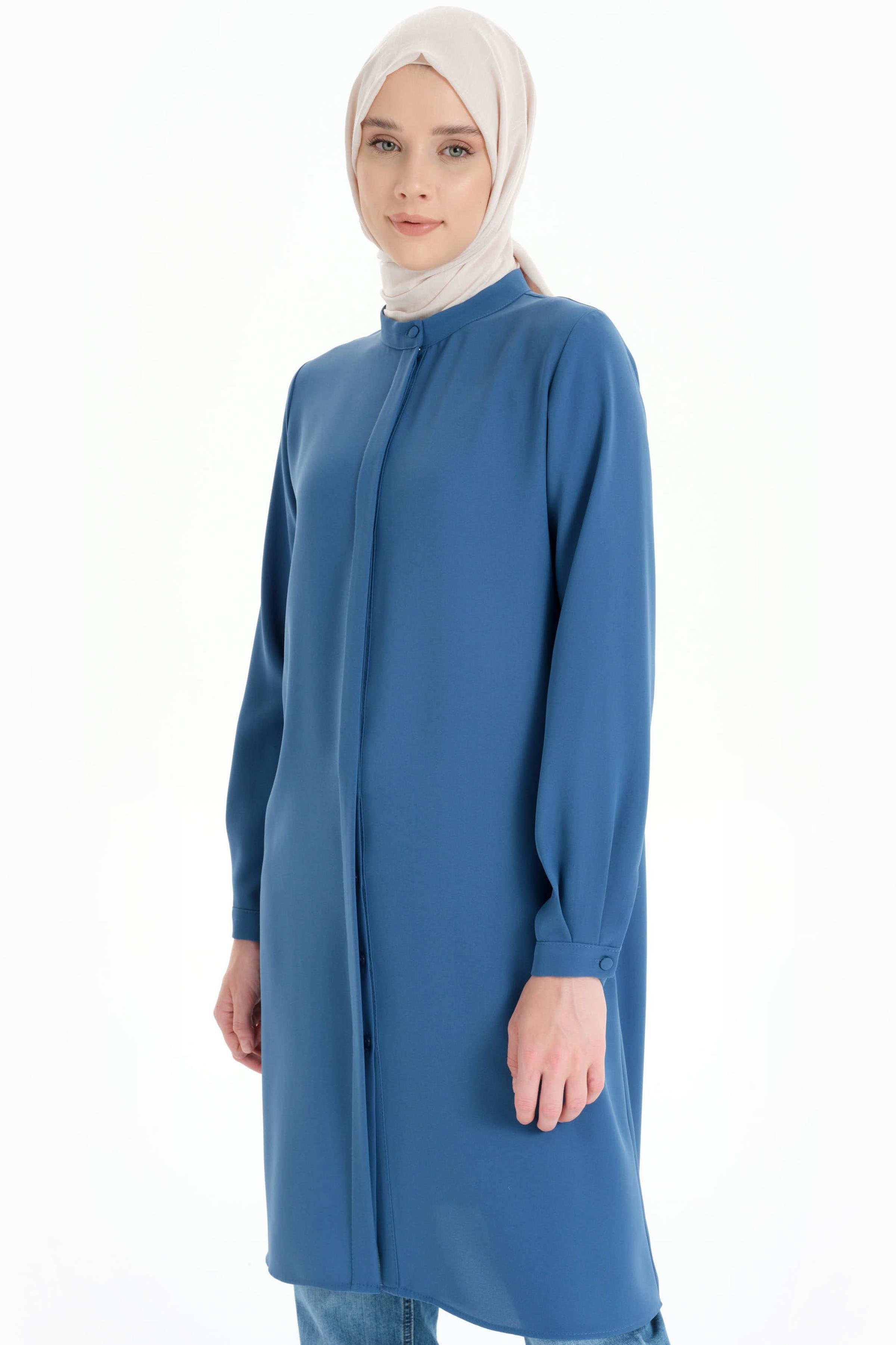 Hakim Yaka Gizli Patlı Tunik - Mavi TUGBA