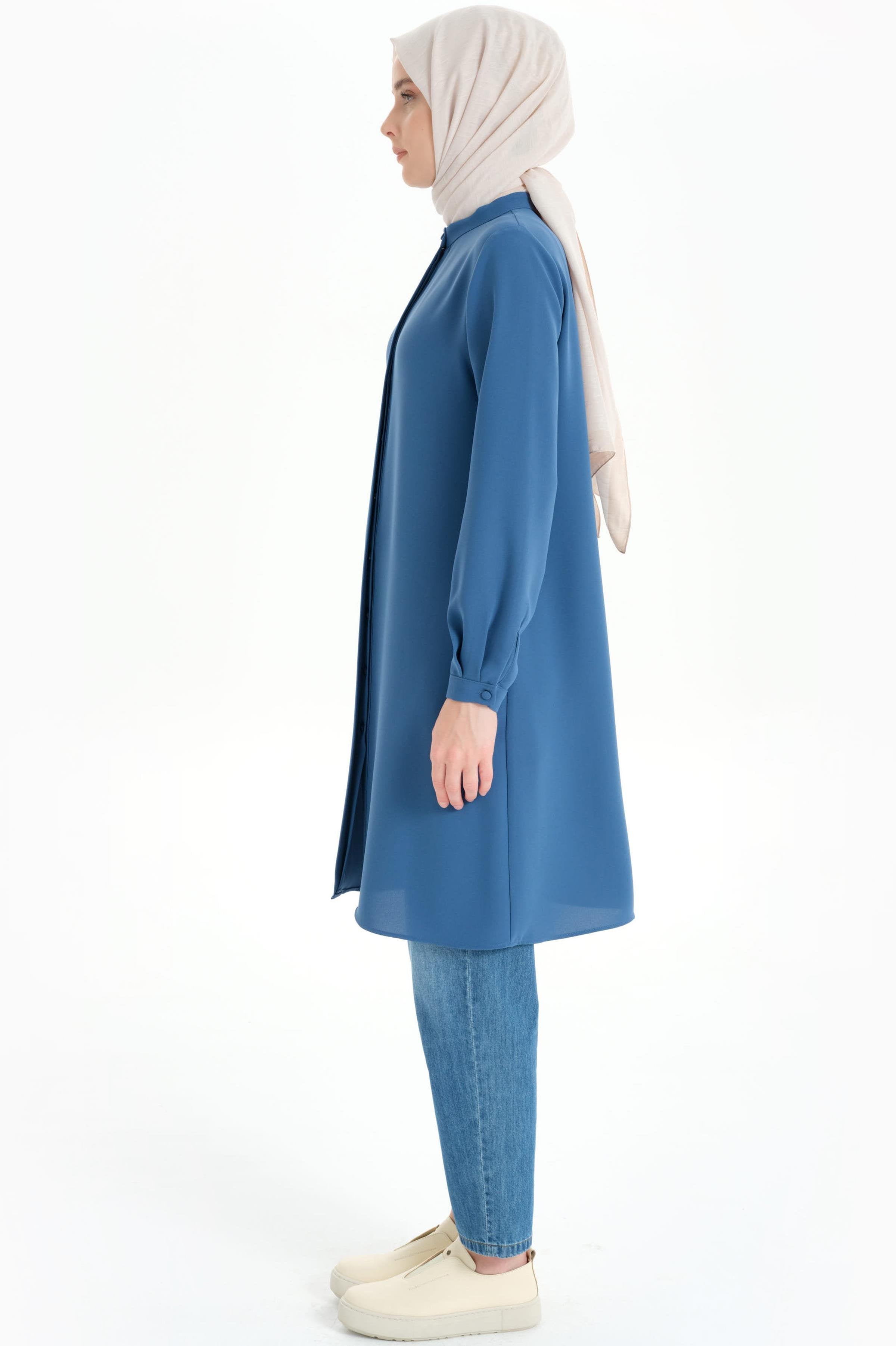 Hakim Yaka Gizli Patlı Tunik - Mavi TUGBA