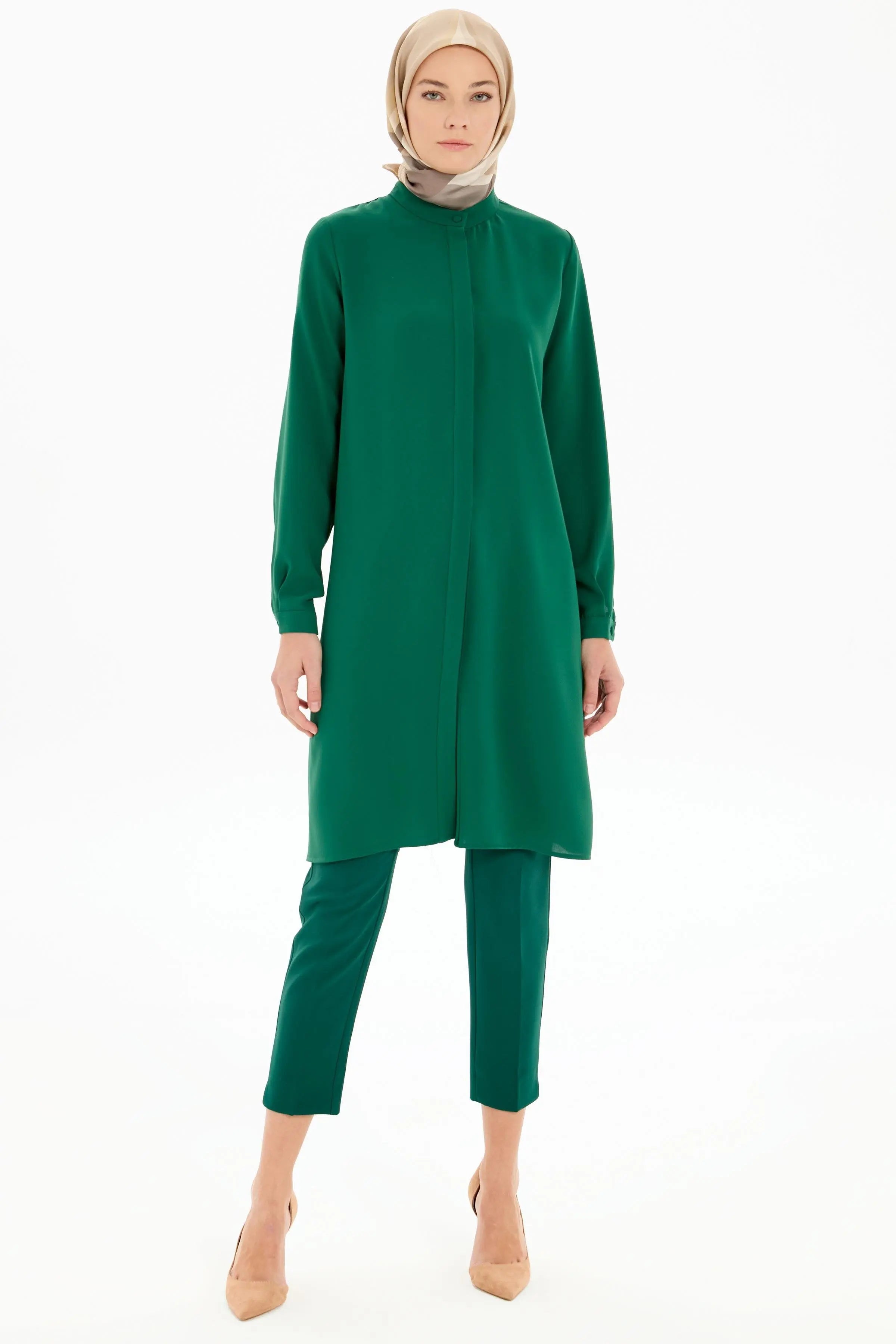 Hakim Yaka Gizli Patlı Tunik - Yeşil TUGBA