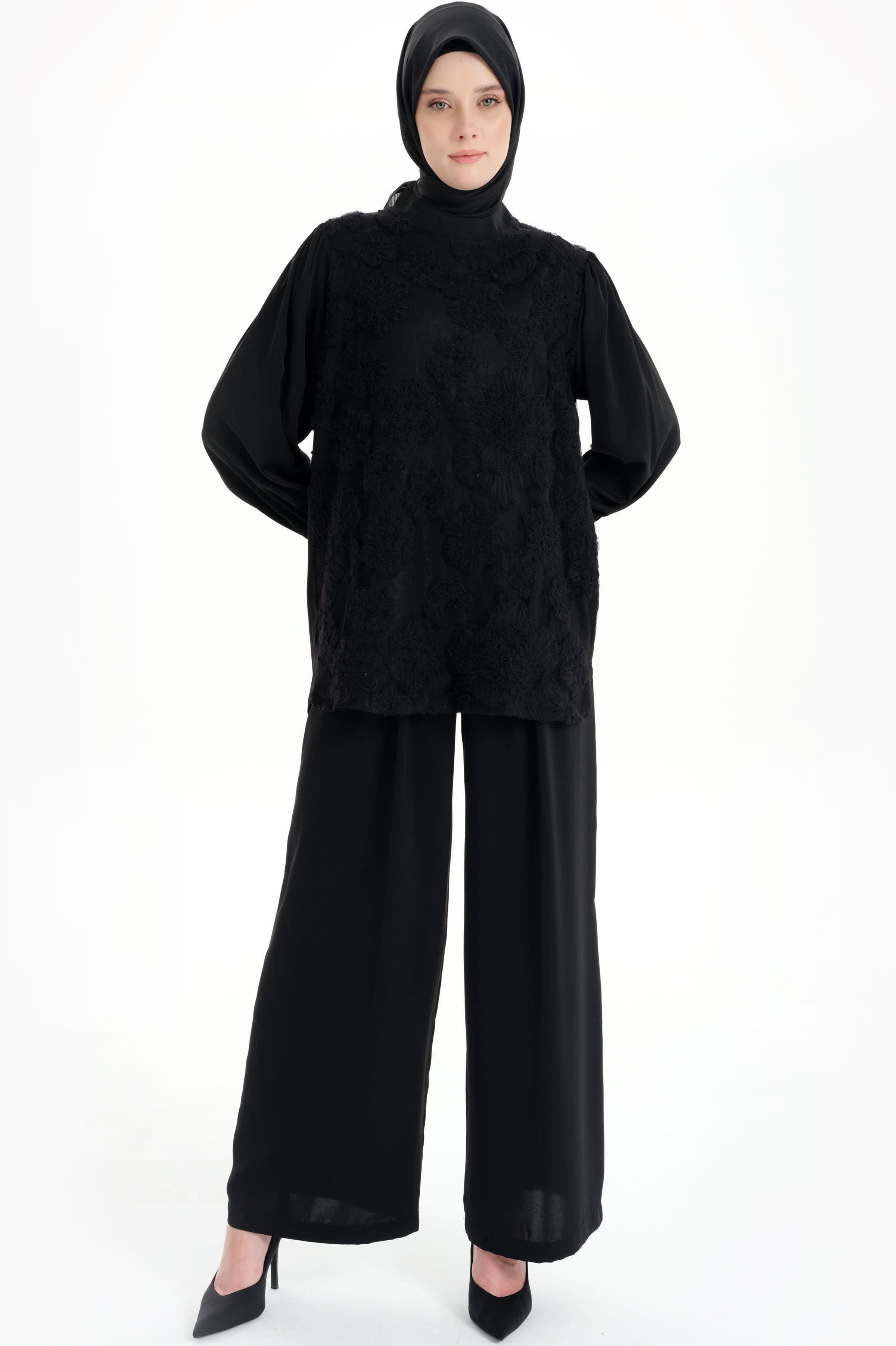 Hakim Yaka Tül Garnili Bluz - Siyah TUGBA