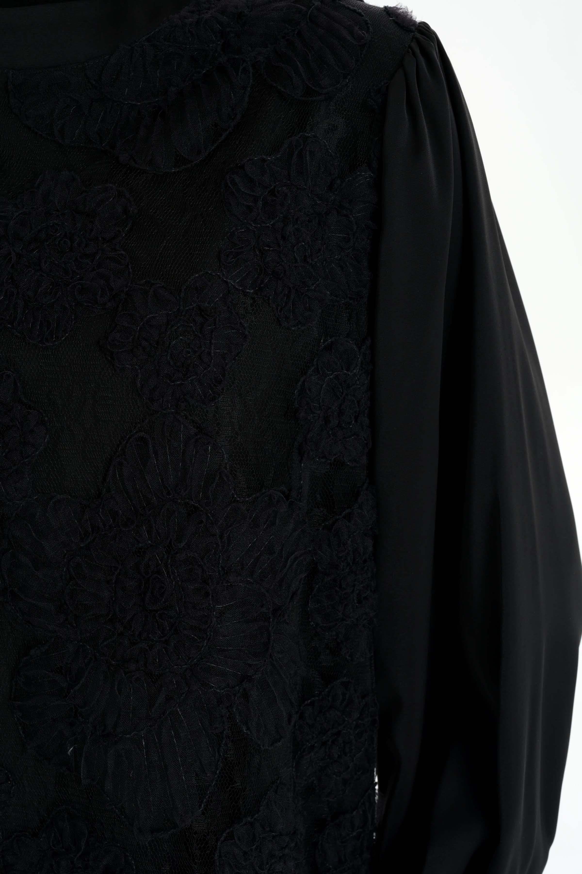 Hakim Yaka Tül Garnili Bluz - Siyah TUGBA