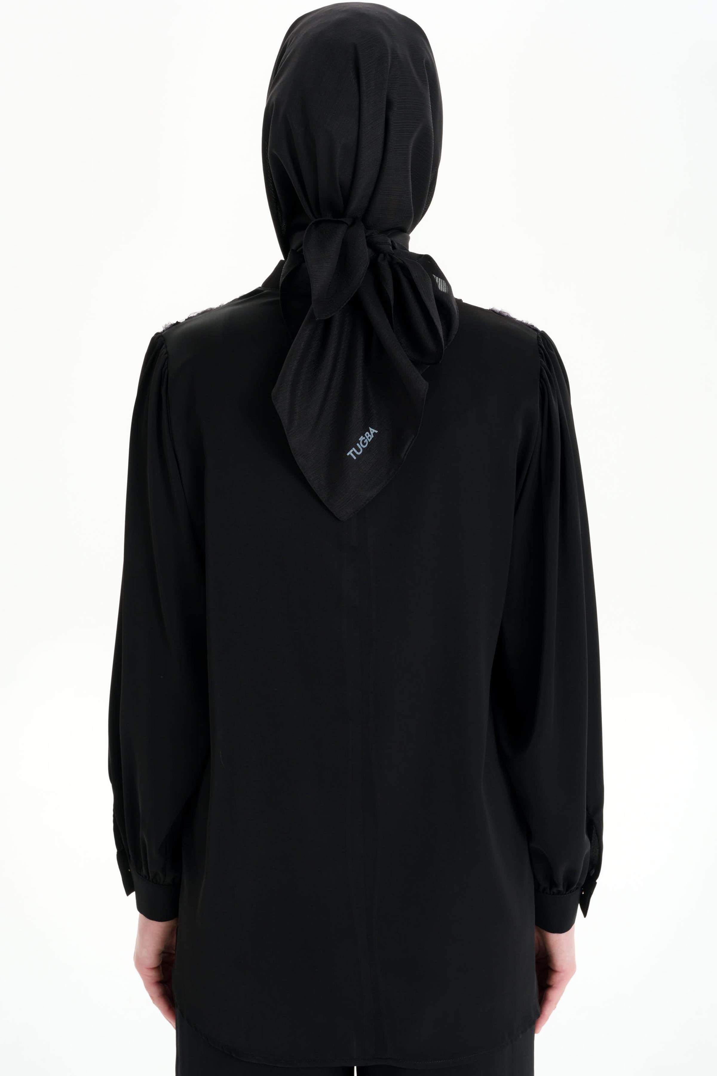 Hakim Yaka Tül Garnili Bluz - Siyah TUGBA