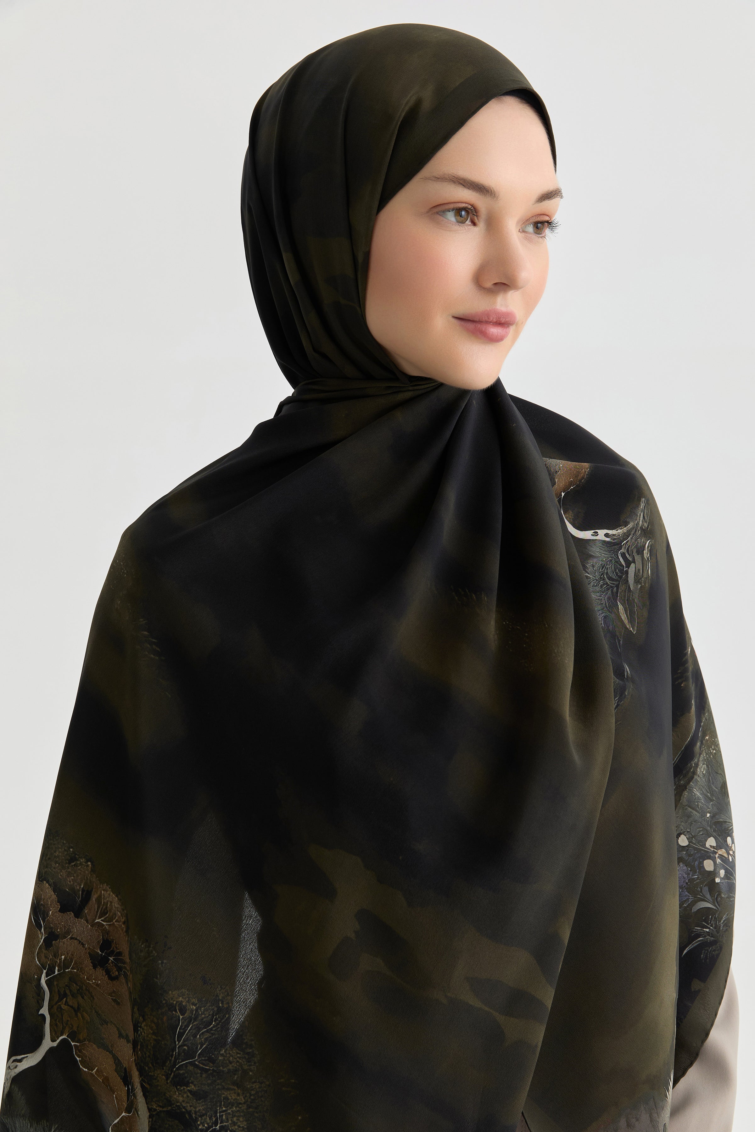 Maren Krep İpek Şal - Haki TUGBA