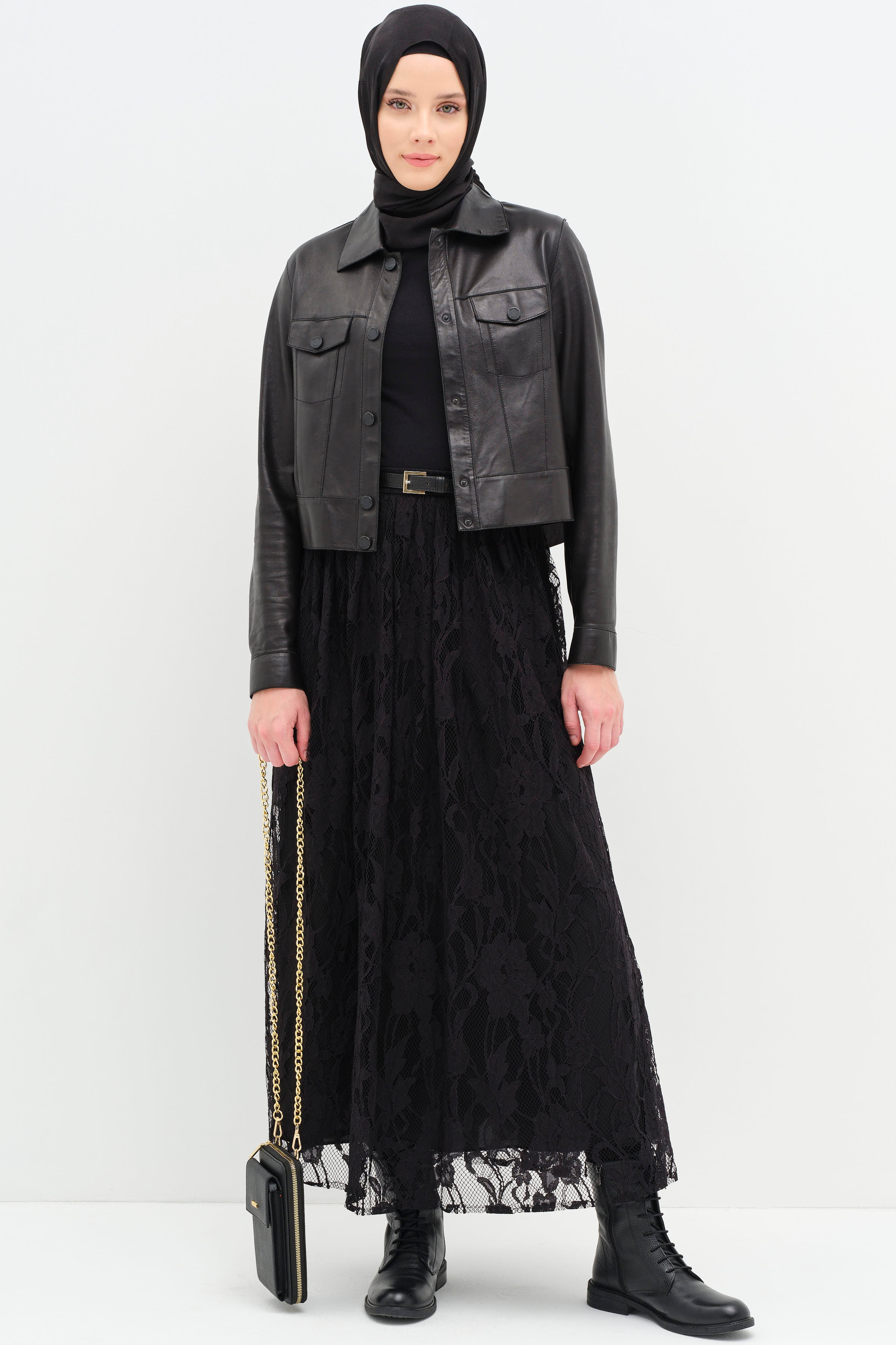 Hazır Deri Kemerli Dantel Etek - Siyah TUGBA