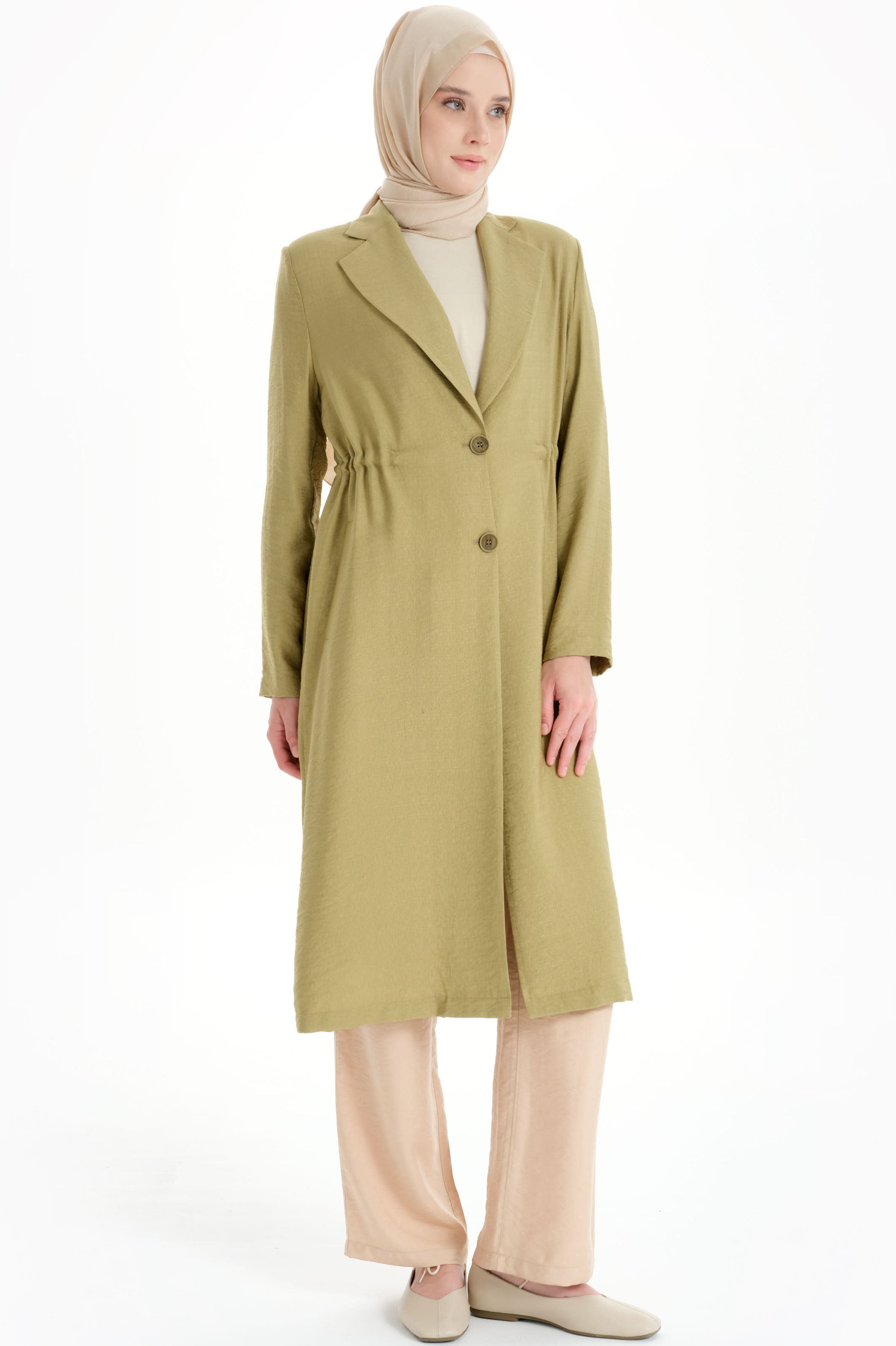 İki Düğmeli Uzun Ceket - Haki TUGBA