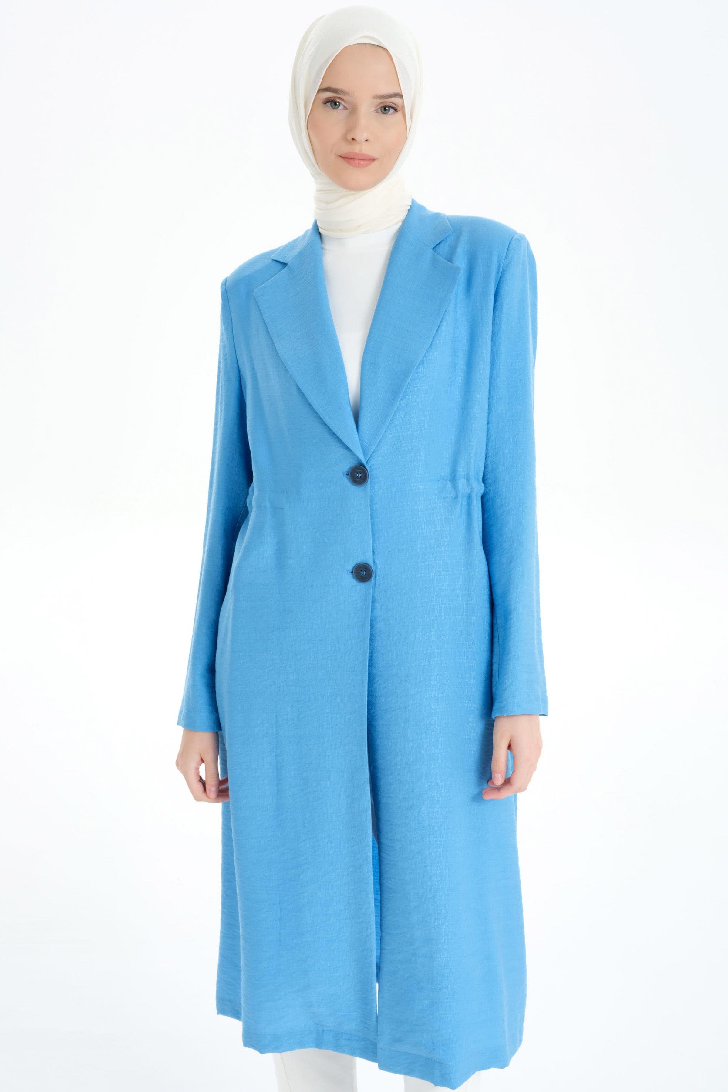 İki Düğmeli Uzun Ceket - Mavi TUGBA