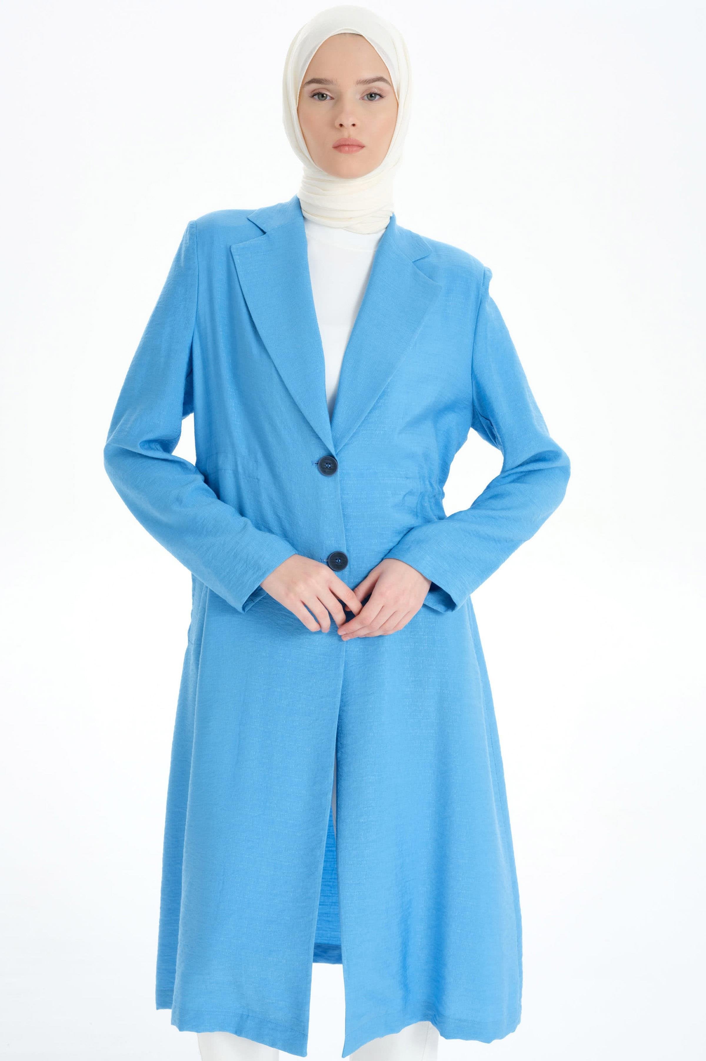 İki Düğmeli Uzun Ceket - Mavi TUGBA