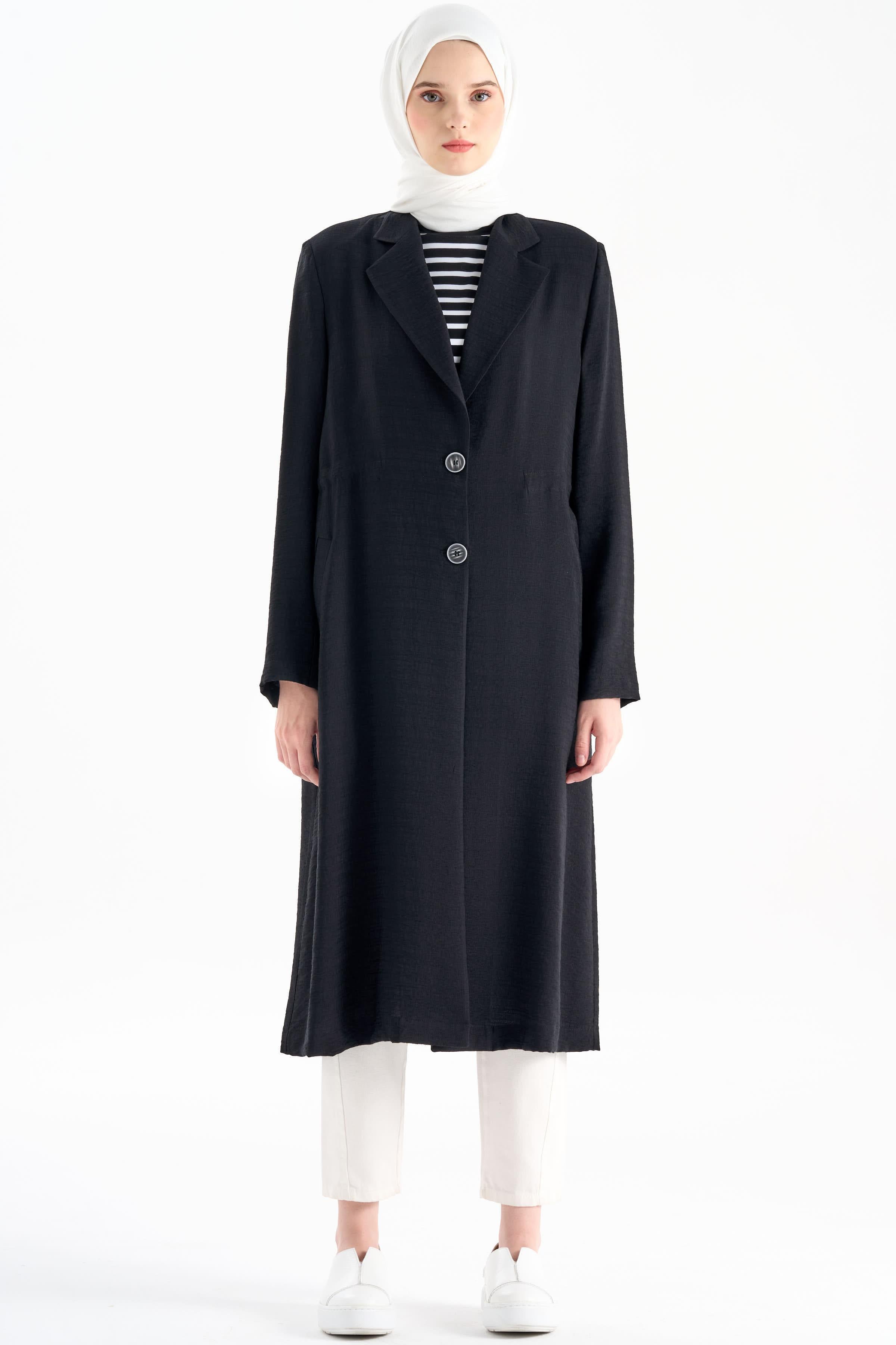 İki Düğmeli Uzun Ceket - Siyah TUGBA