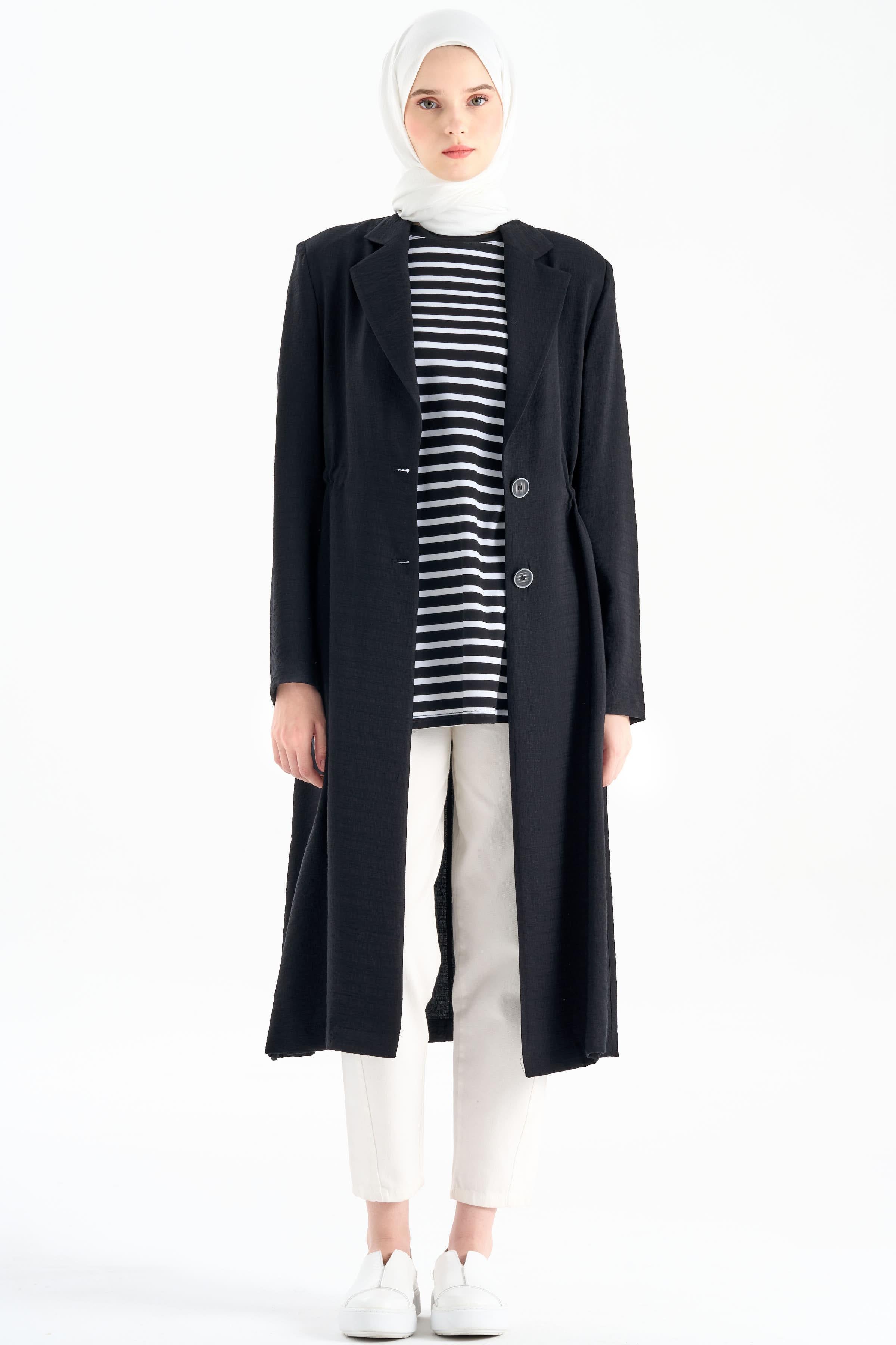 İki Düğmeli Uzun Ceket - Siyah TUGBA