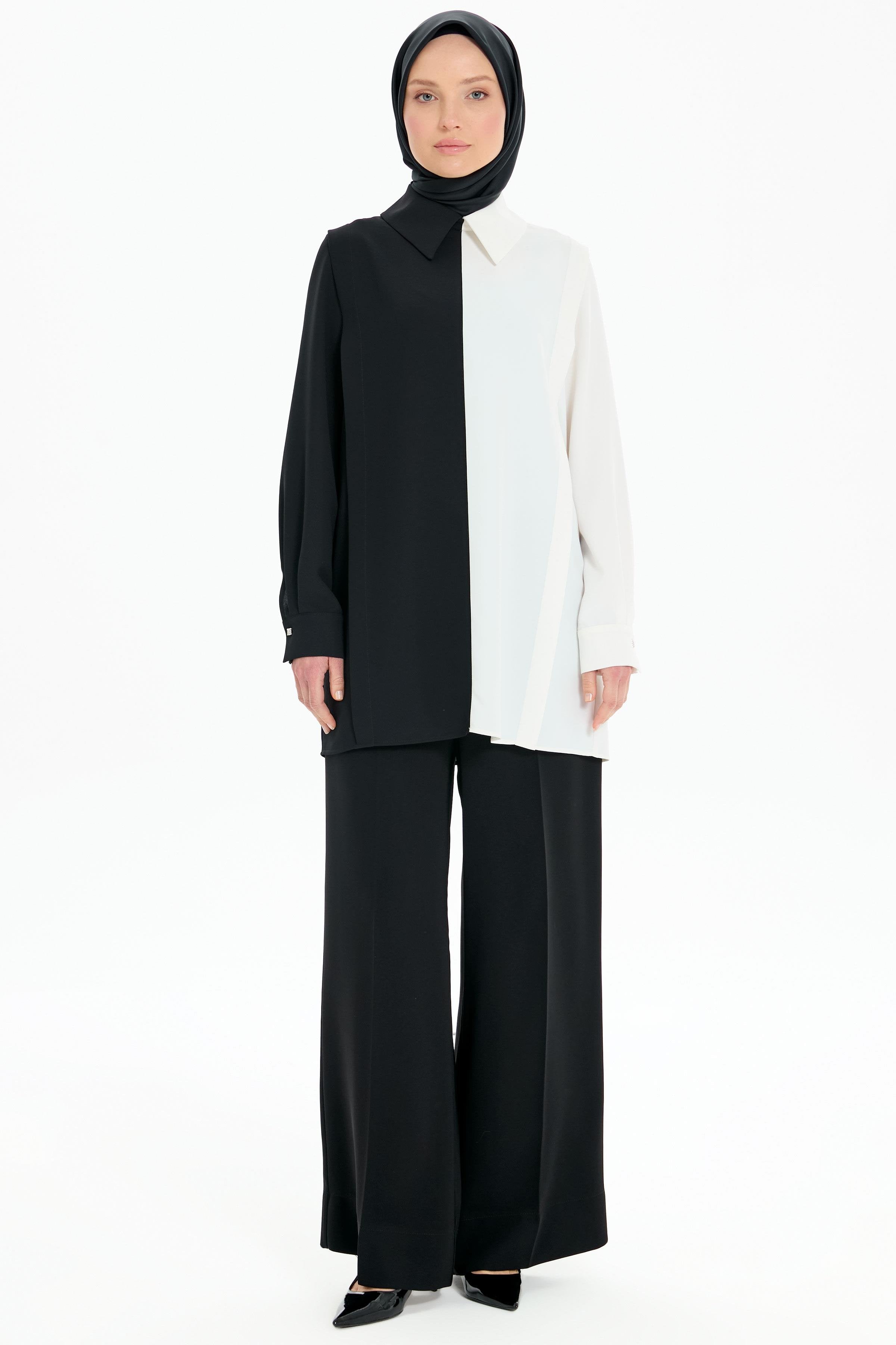 İki Renkli Aller Detaylı Tunik - Siyah - Ekru TUGBA