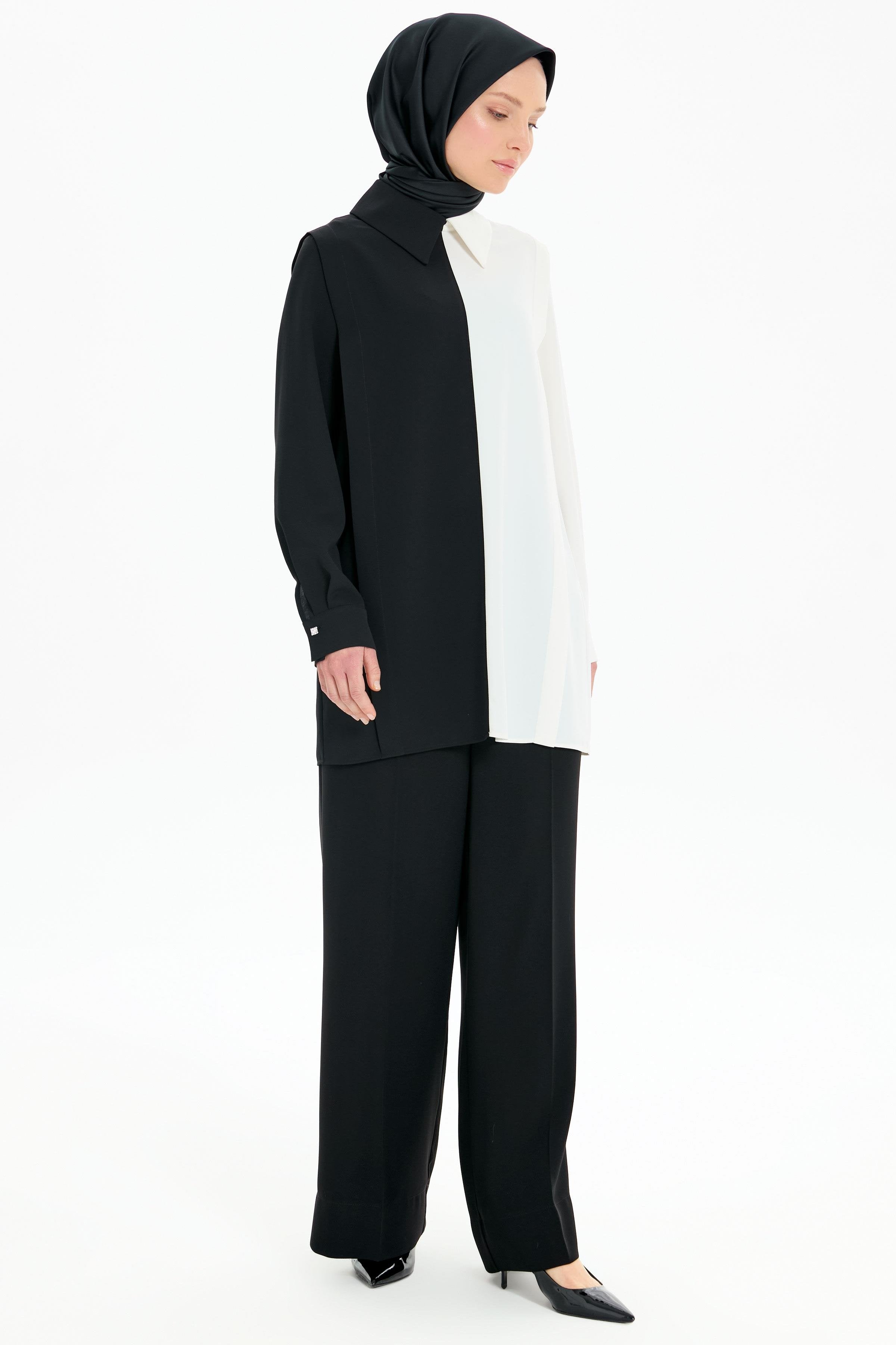 İki Renkli Aller Detaylı Tunik - Siyah - Ekru TUGBA