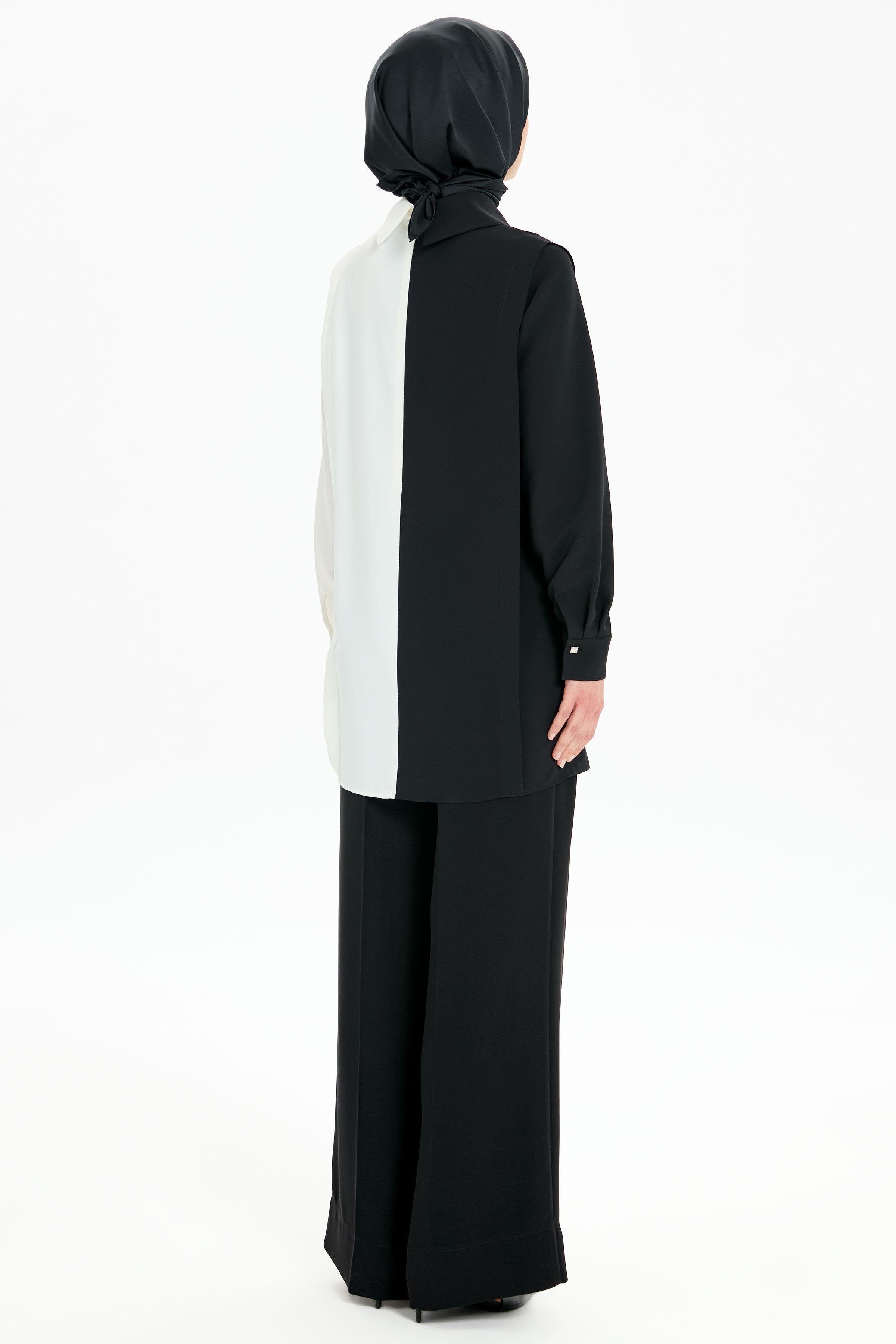 İki Renkli Aller Detaylı Tunik - Siyah - Ekru TUGBA