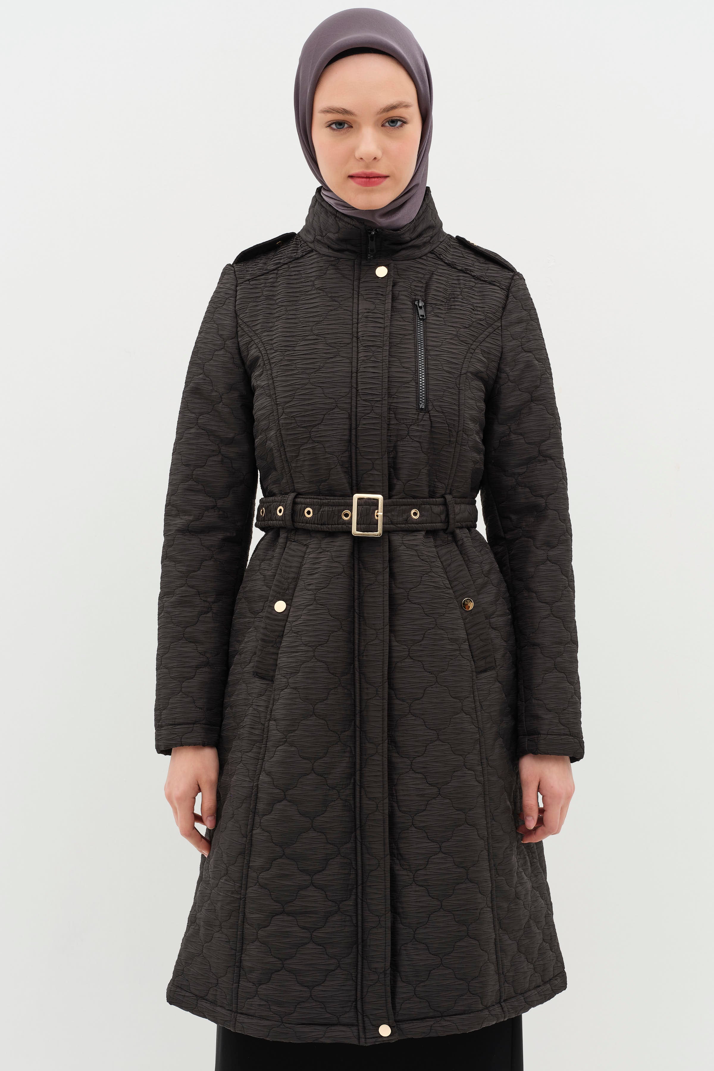 İnce Kapitone Kemerli Kaban - Siyah TUĞBA