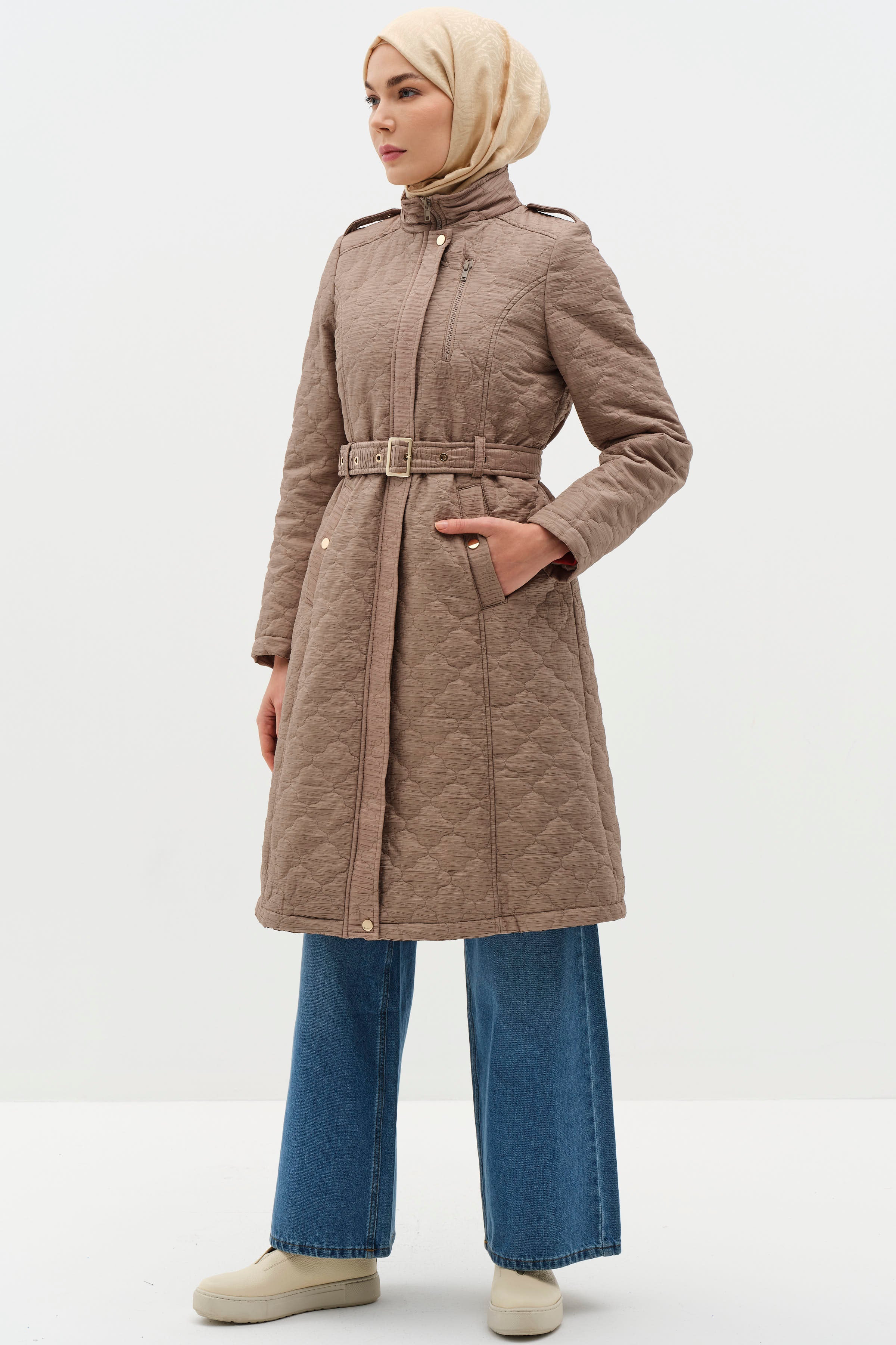 İnce Kapitone Kemerli Kaban - Vizon TUĞBA