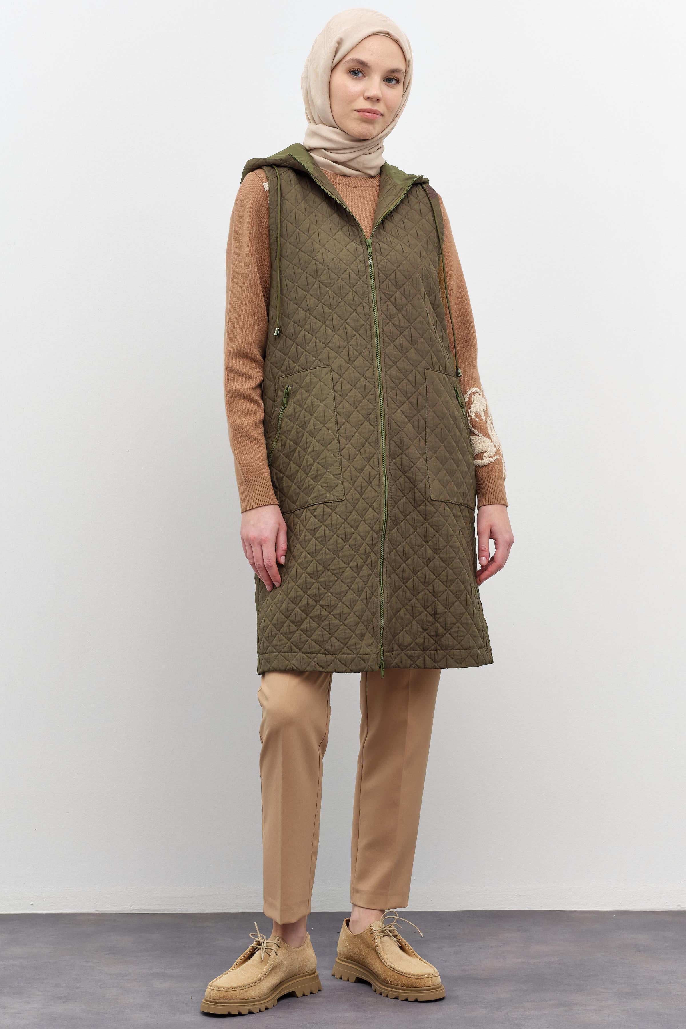 Cepli İnce Kapitone Yelek - Haki TUGBA