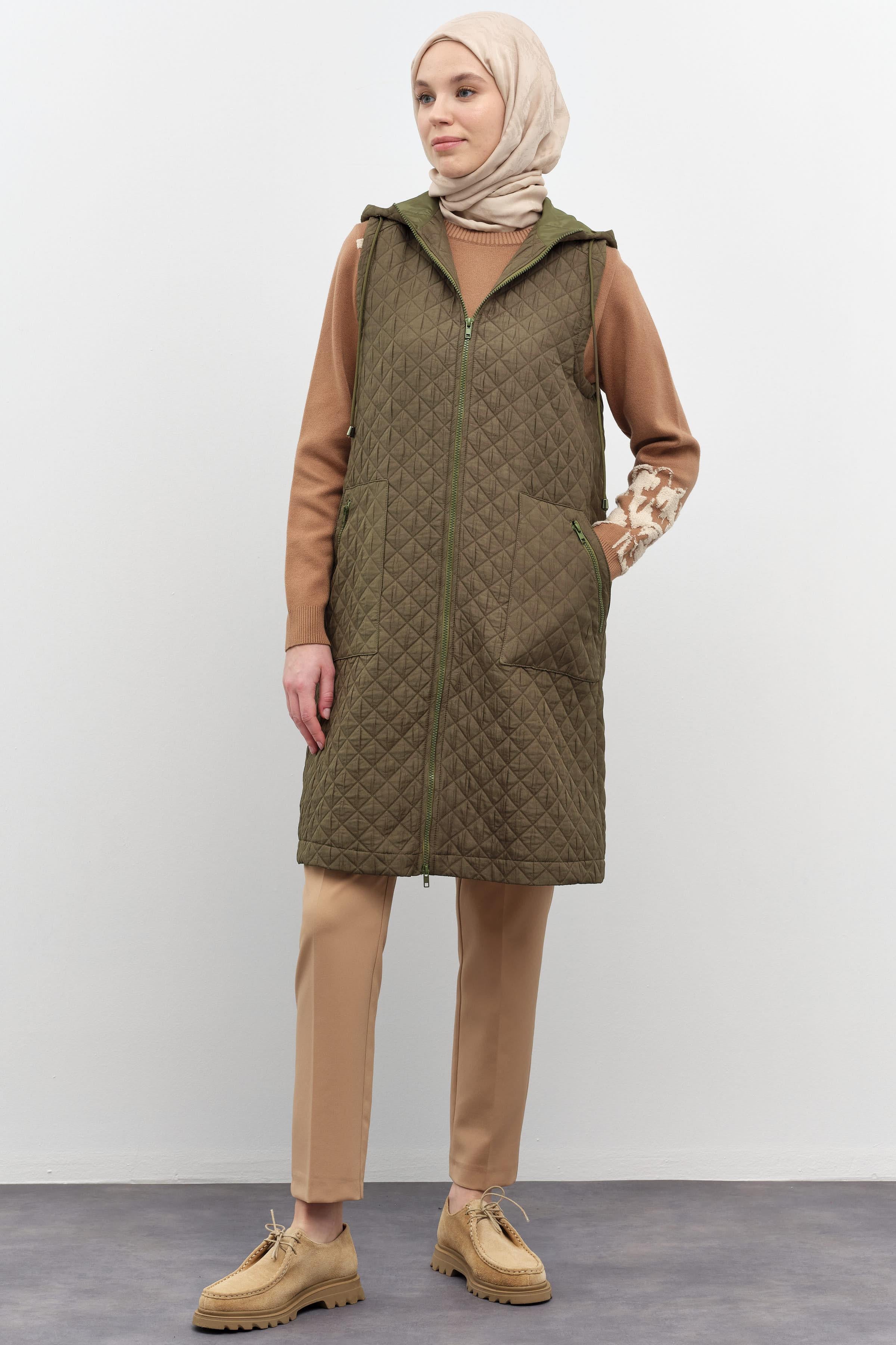 Cepli İnce Kapitone Yelek - Haki TUGBA