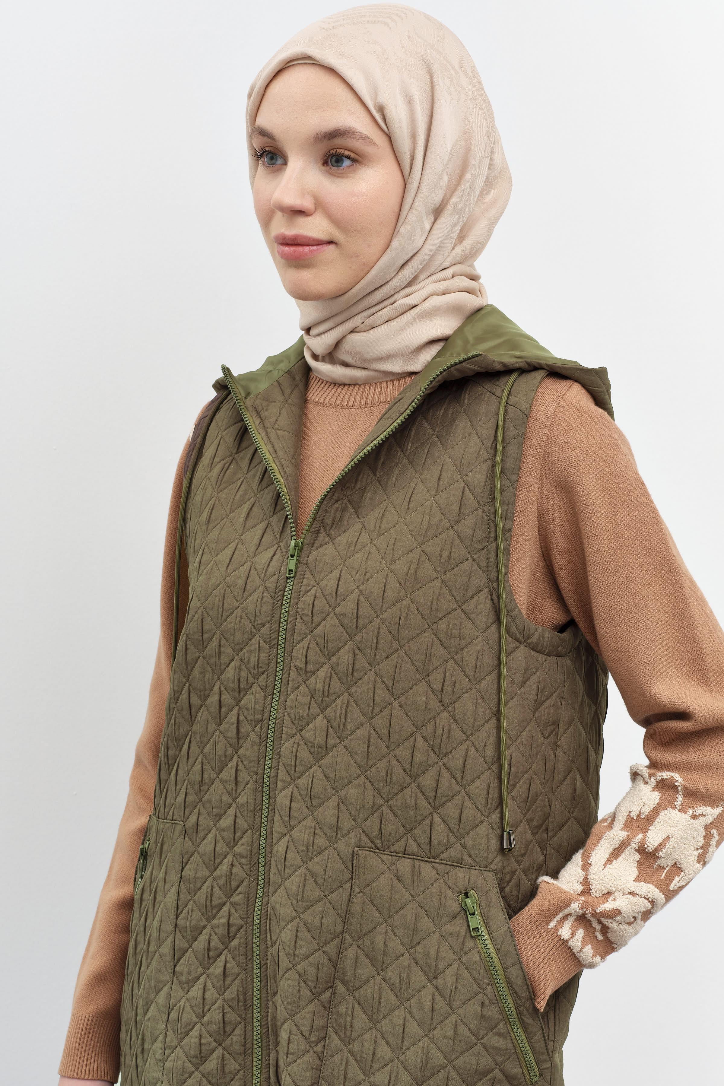 Cepli İnce Kapitone Yelek - Haki TUGBA