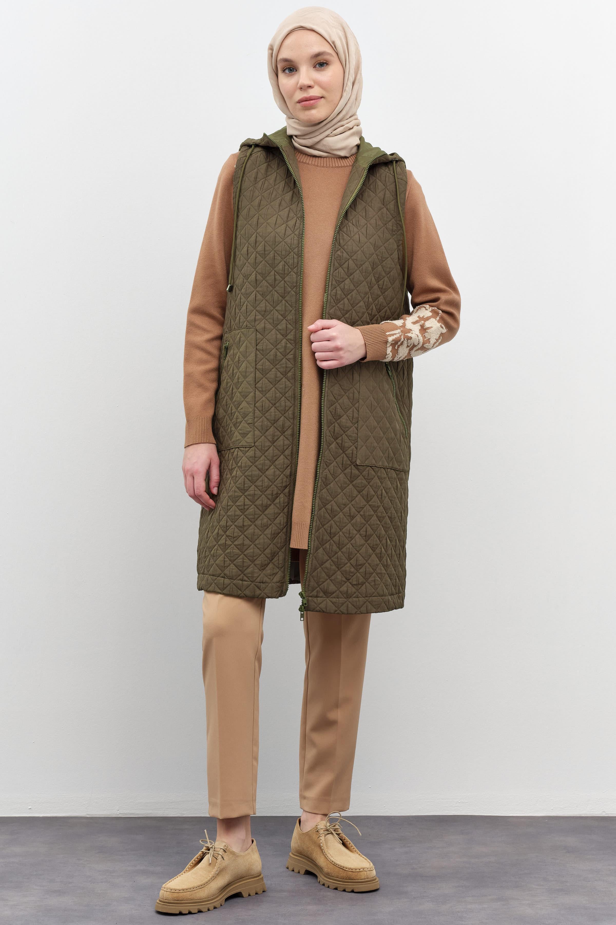 Cepli İnce Kapitone Yelek - Haki TUGBA